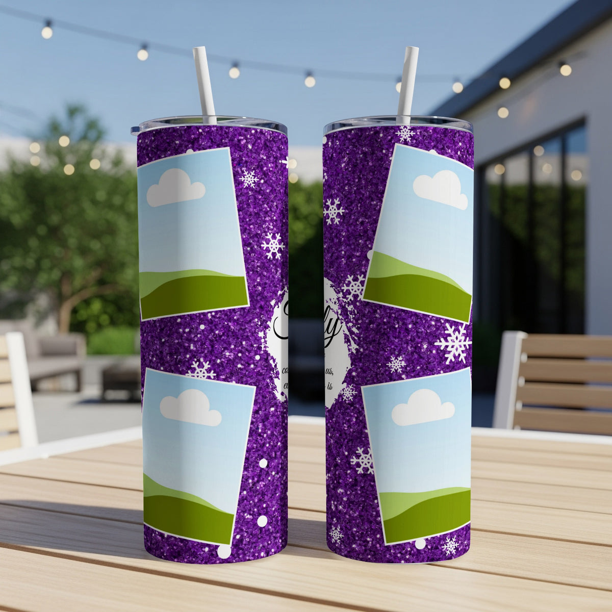 Purple glitter tumblers with photo frames, clouds, and snowflakes on outdoor table.