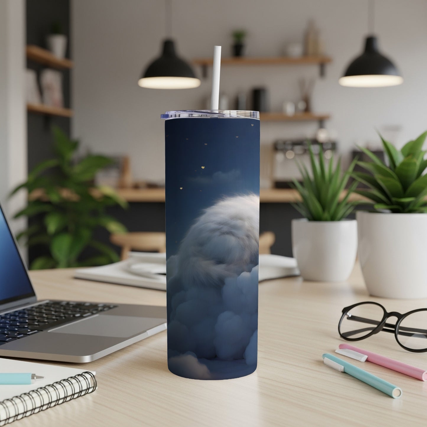 Fluffy white cat peeking from cloudy night sky on a dark tumbler.