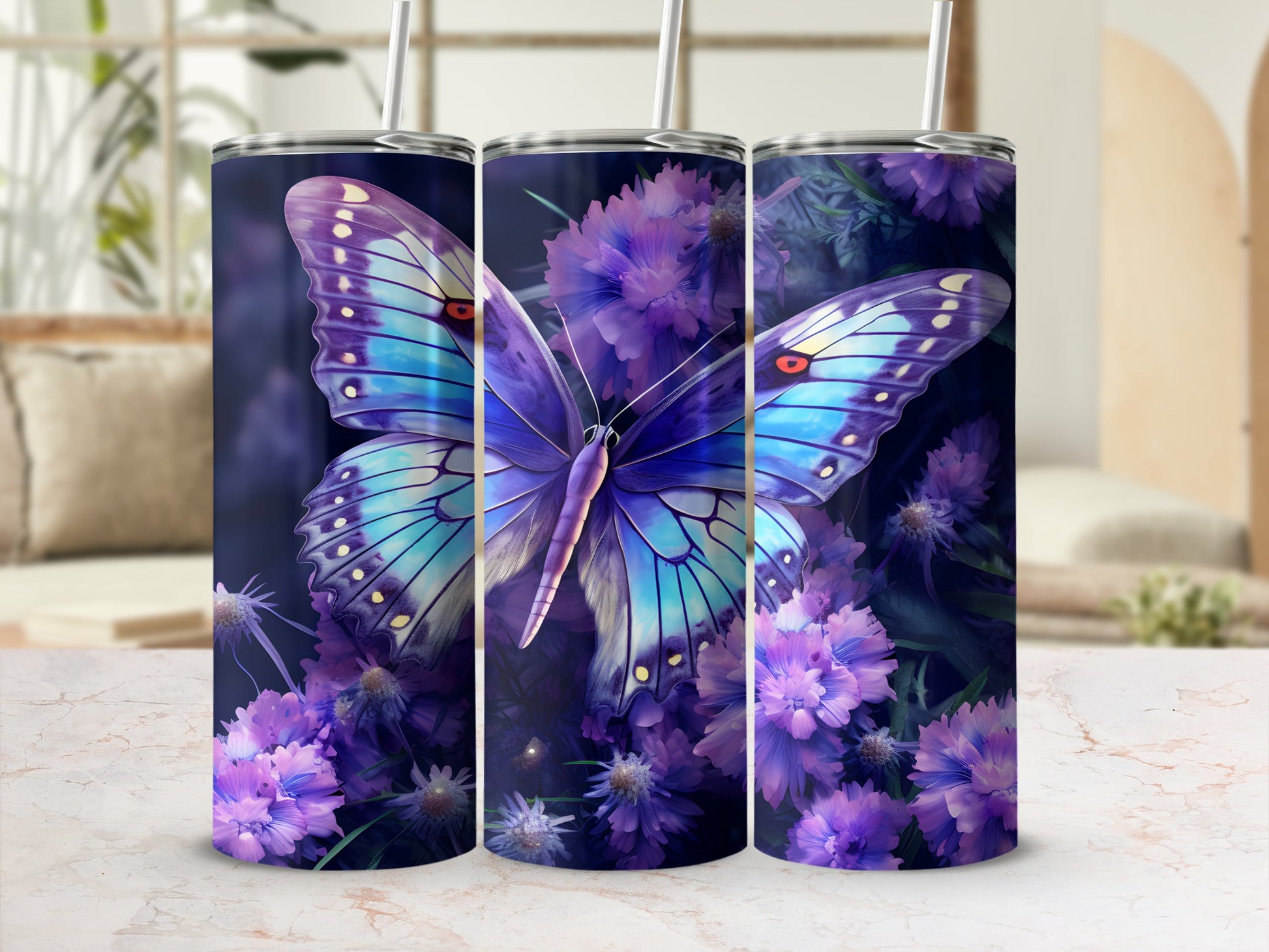 Blue butterfly on purple flowers, displayed on a marbled surface.