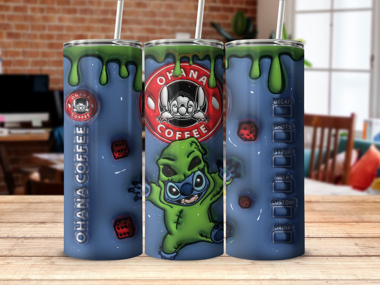 Alien themed Ohanas Coffee product includes dice characters