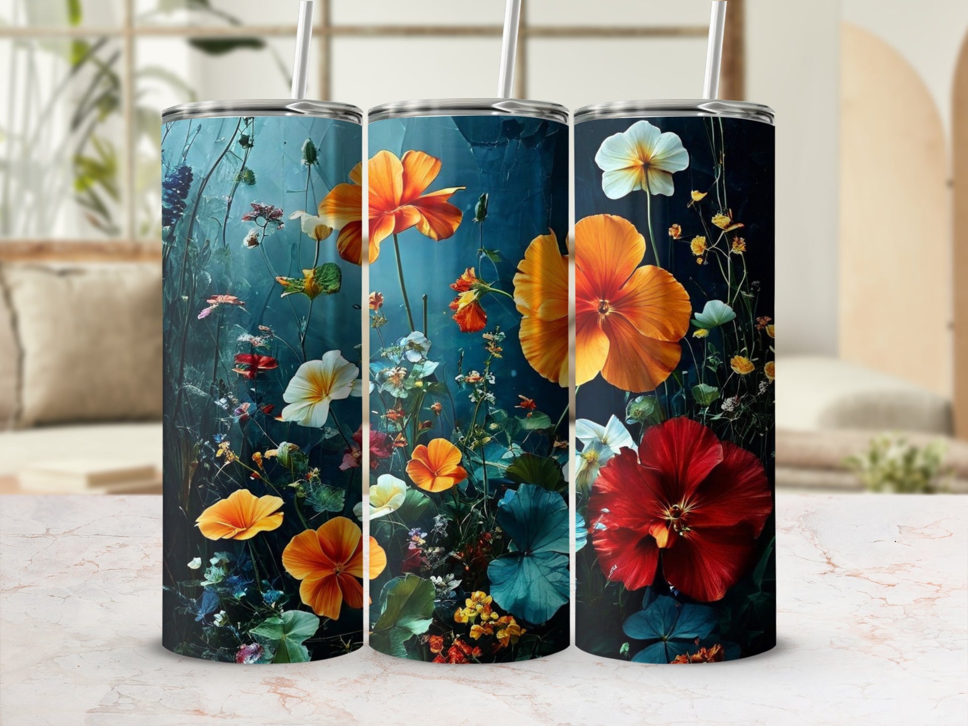 Floral patterned tumblers with straws in a variety of colorful flowers.