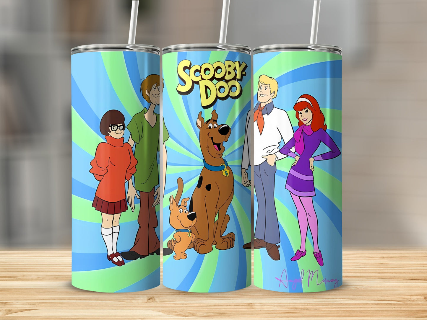 Scooby-Doo characters Fred, Daphne, Velma, Shaggy, and Scooby on a blue spiral background.