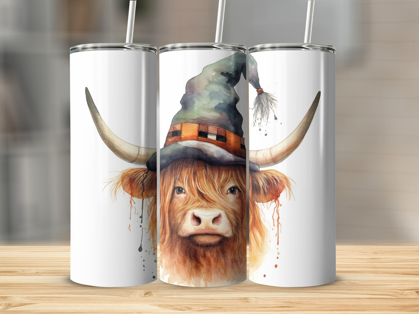 Highland cow wearing a witch hat, watercolor illustration on a tumbler.