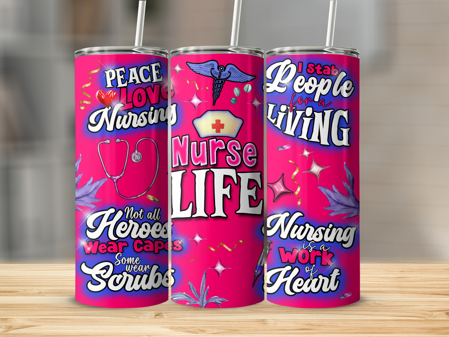 Pink tumbler with "Nurse LIFE" design, featuring medical symbols and phrases.
