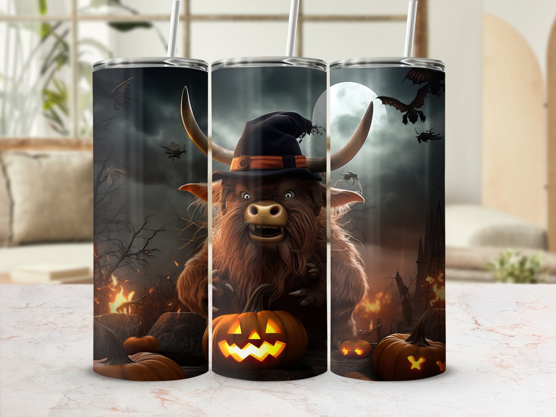 Halloween tumbler with a furry monster wearing a witch hat and pumpkins.