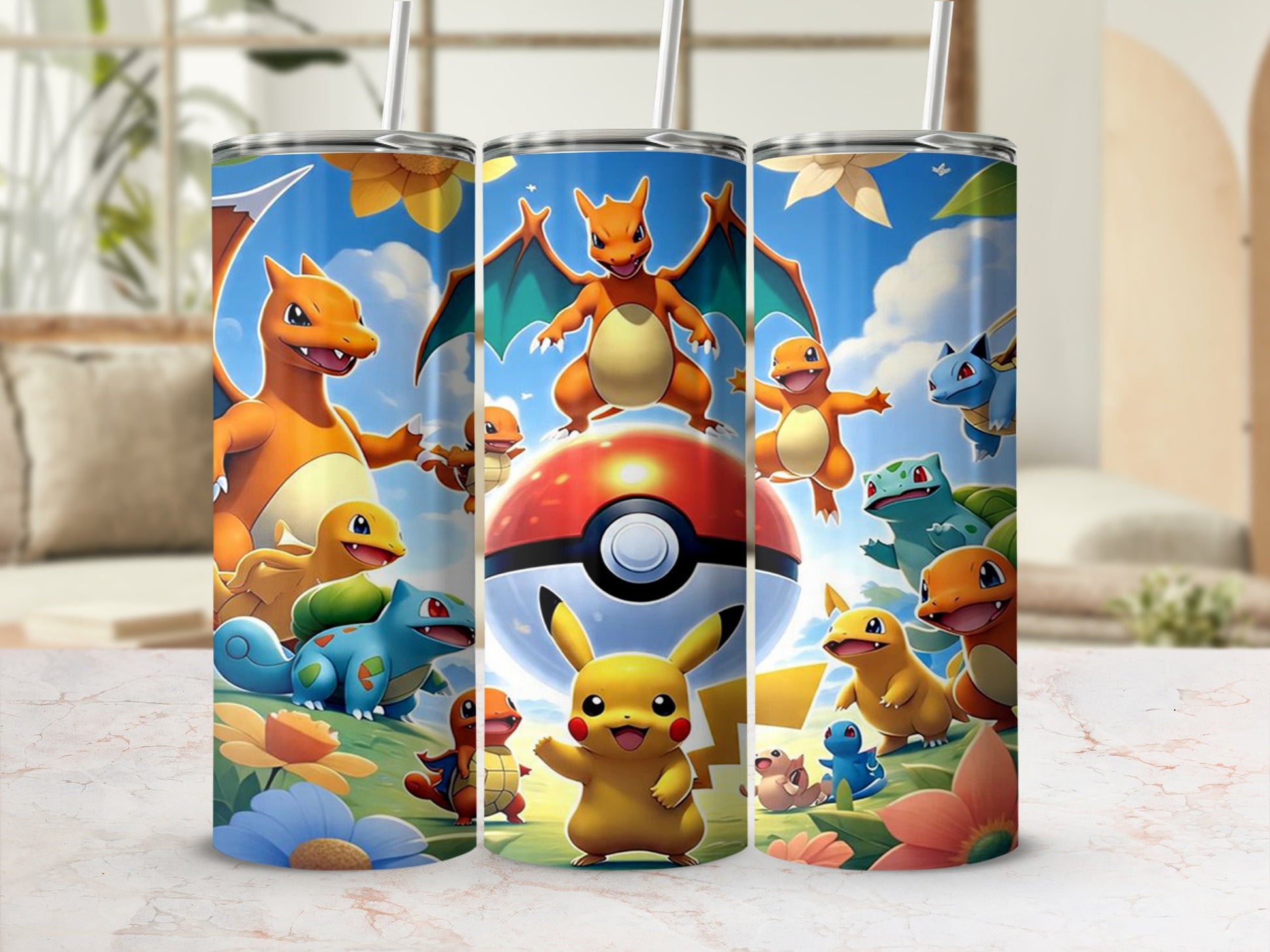 Pikachu and other Pokémon around a Poké Ball, with flowers.