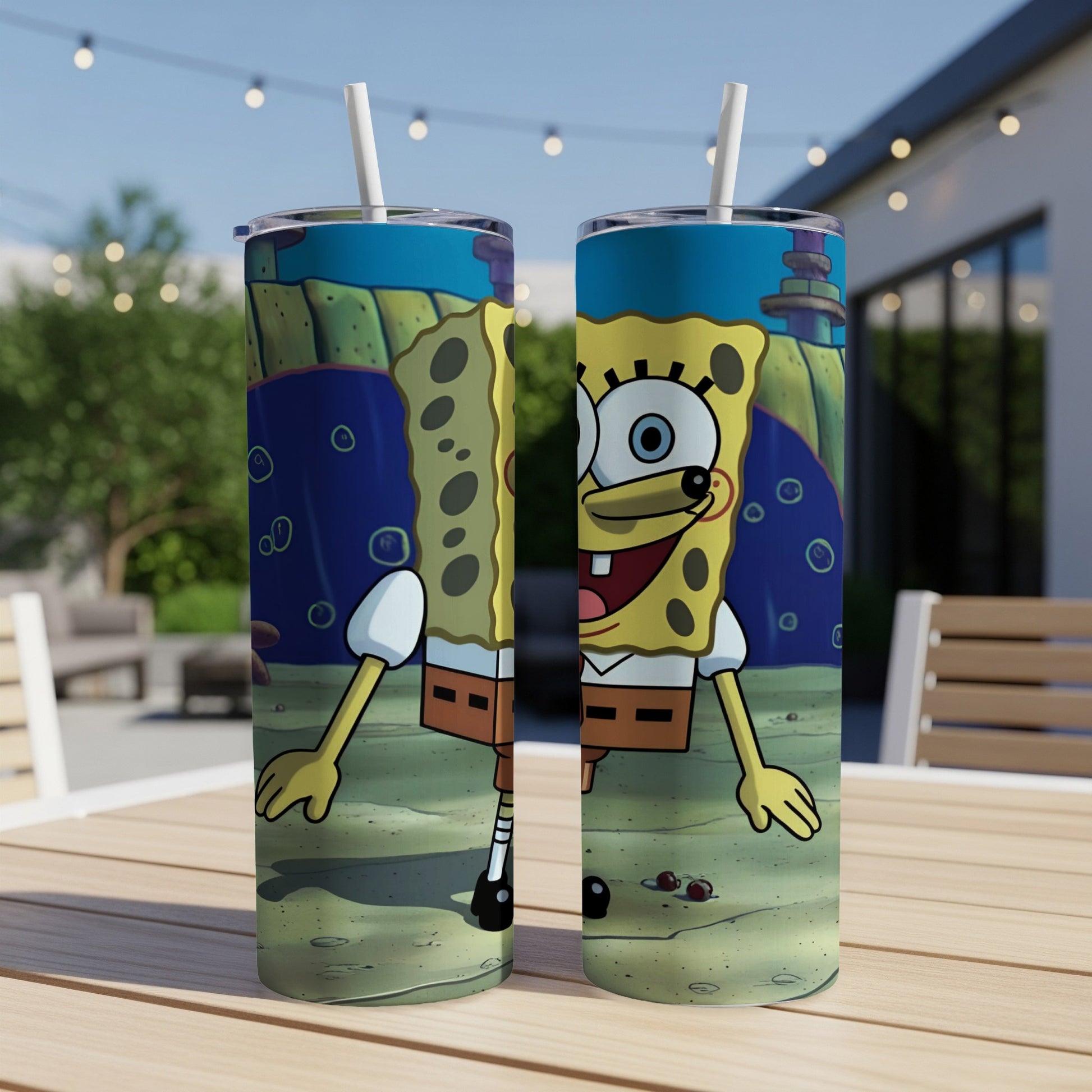 SpongeBob SquarePants on a sandy bottom with blue water background.