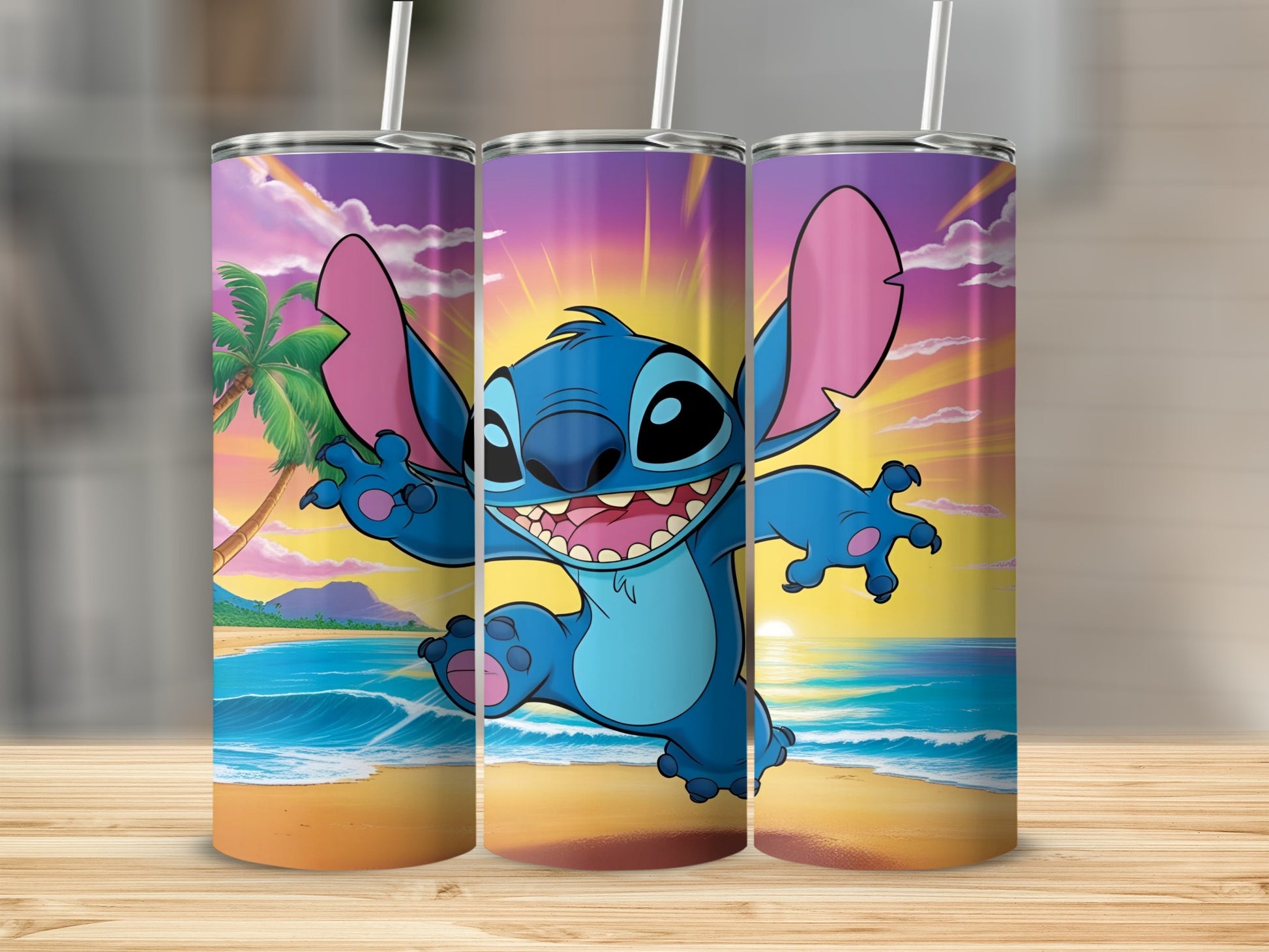 Three tumblers featuring Stitch from Lilo & Stitch on a beach at sunset.