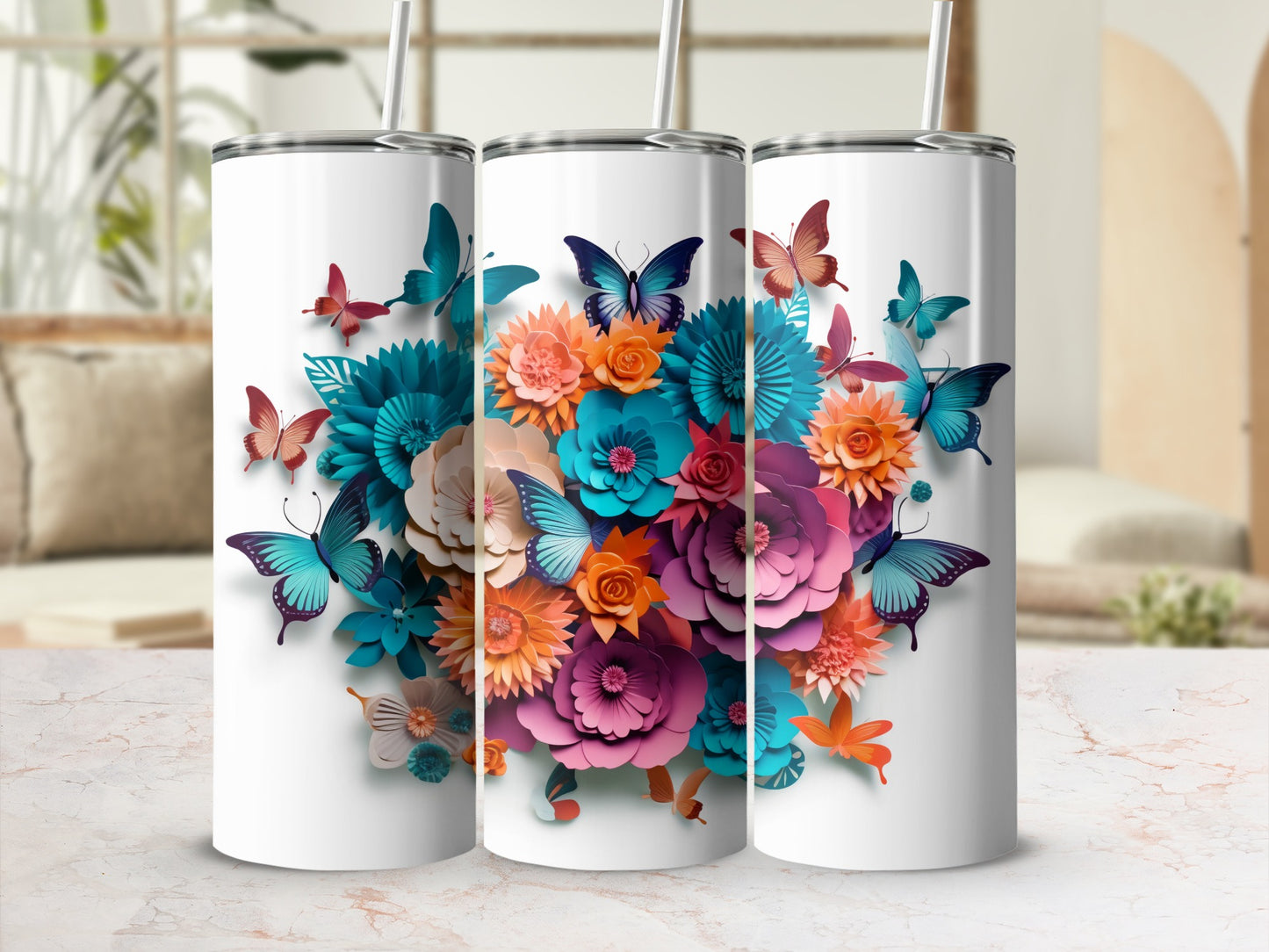 Colorful Floral and Butterfly Design Tumbler