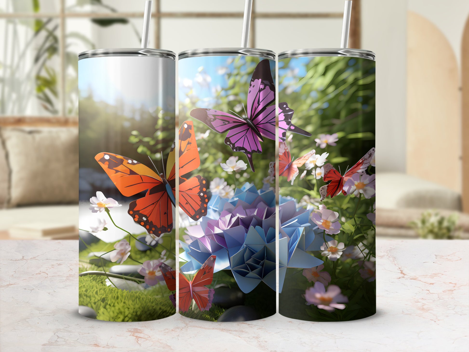 Three tumblers featuring butterflies and flowers in a natural setting.
