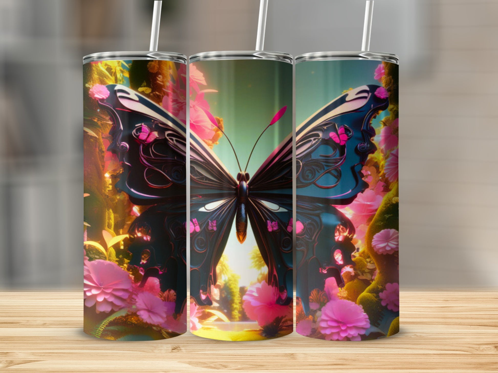 Three tumblers with a large butterfly and pink flowers design.