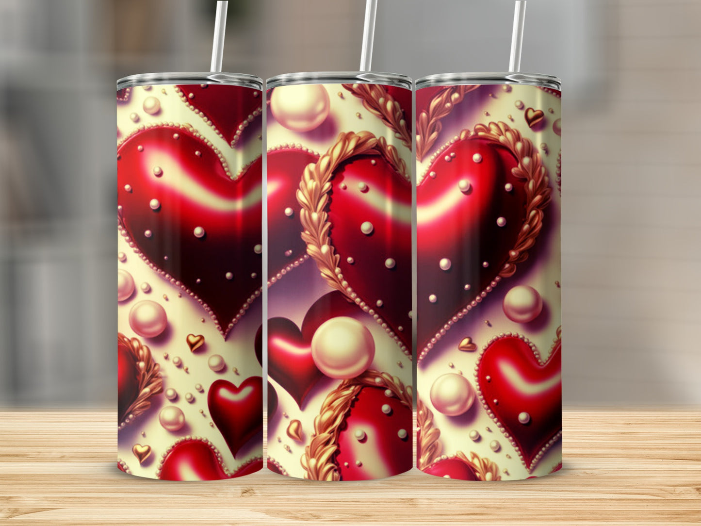 Three tumblers with a repeating heart and pearl pattern.