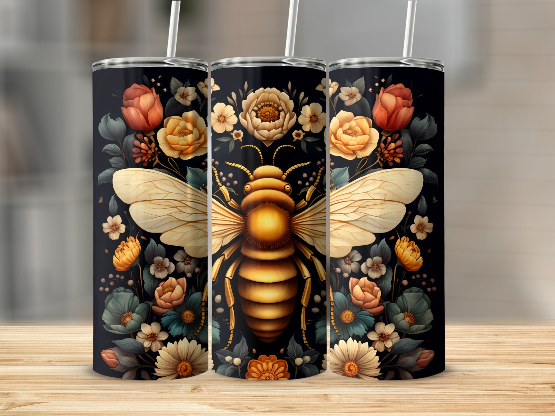 Floral tumbler with a bee design.
