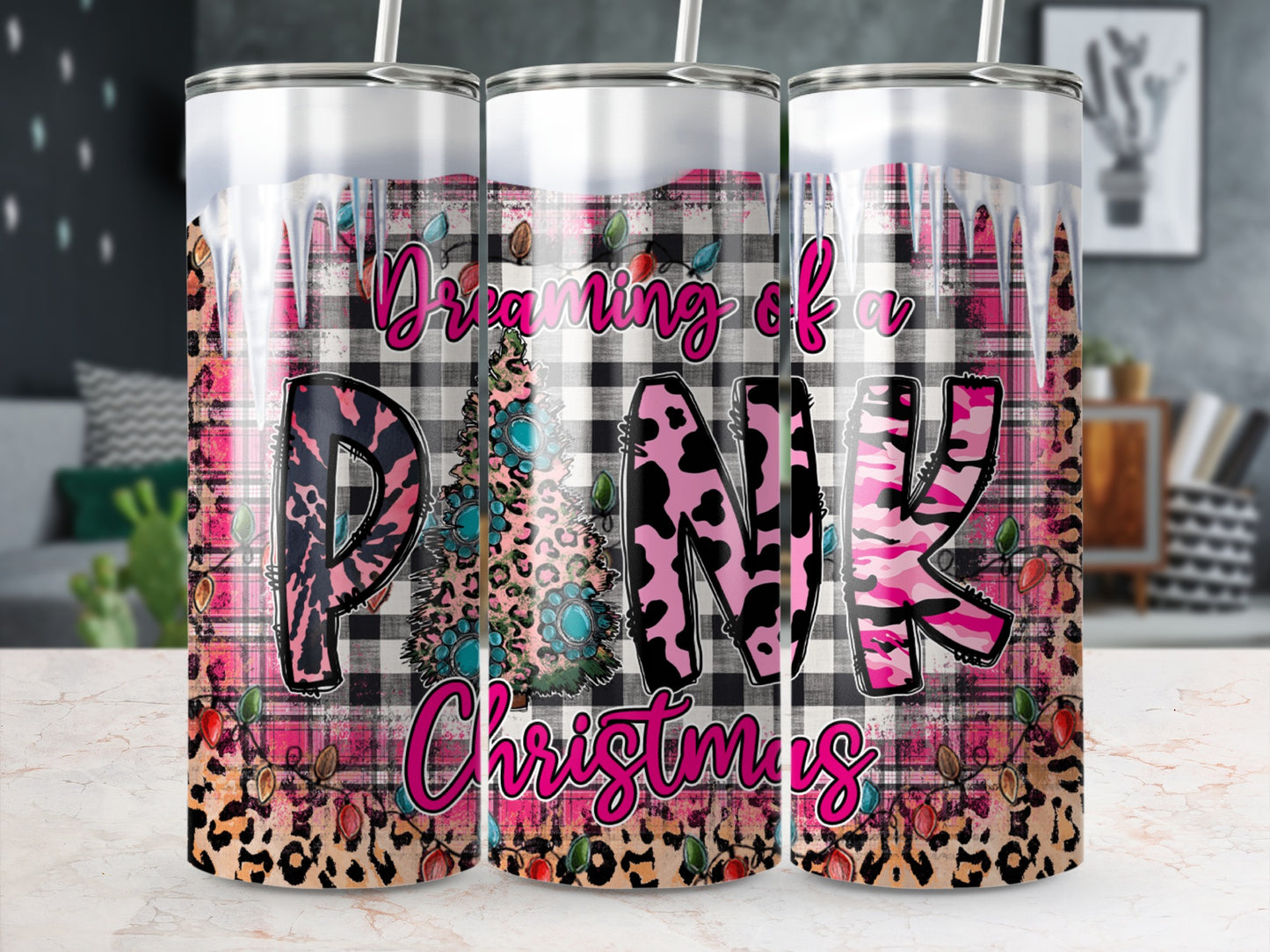 Tumbler with pink buffalo plaid Christmas tree, leopard print, and fairy lights.