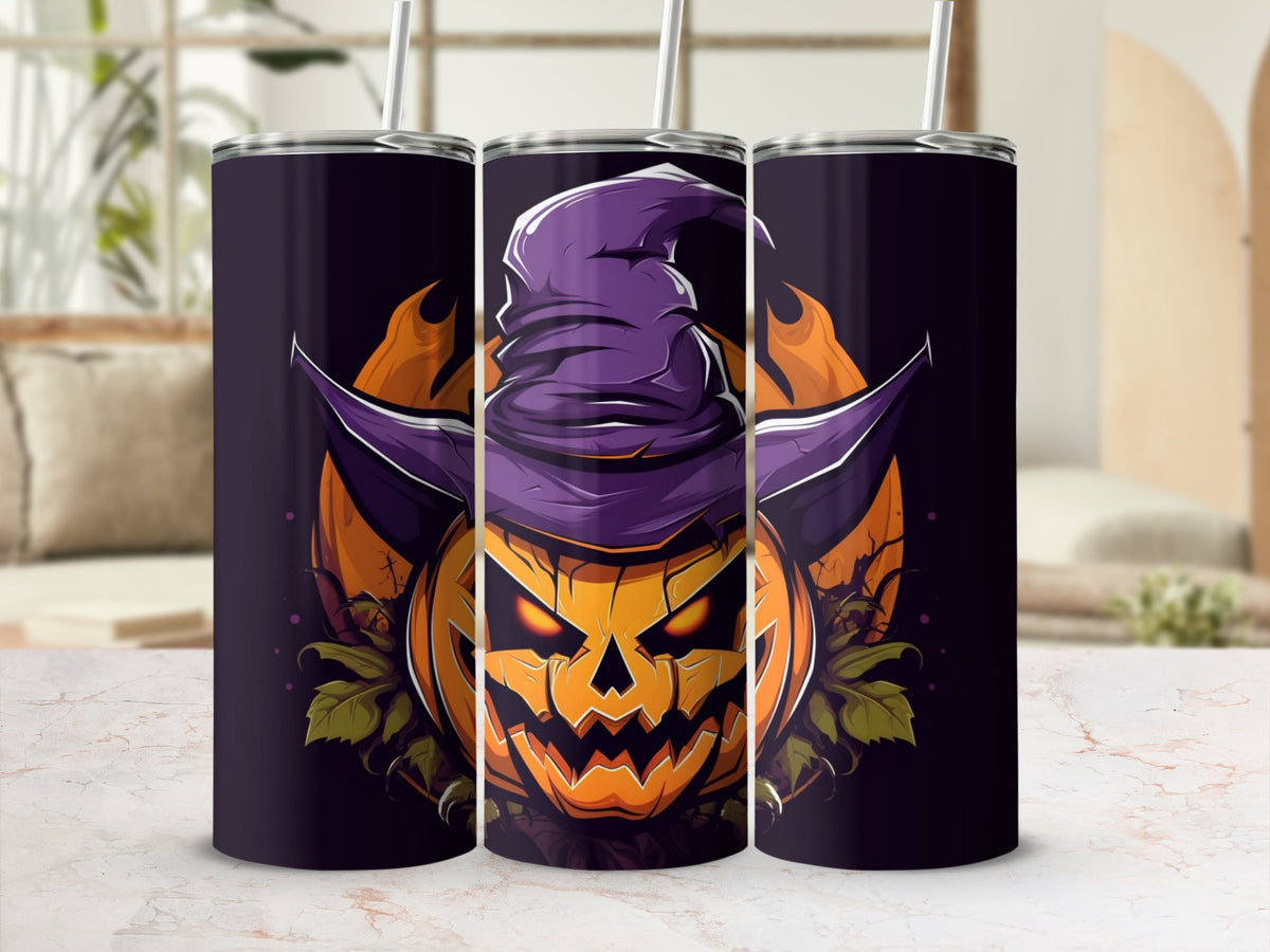 Tumblers with a spooky jack-o'-lantern wearing a purple witch hat and surrounded by flames.