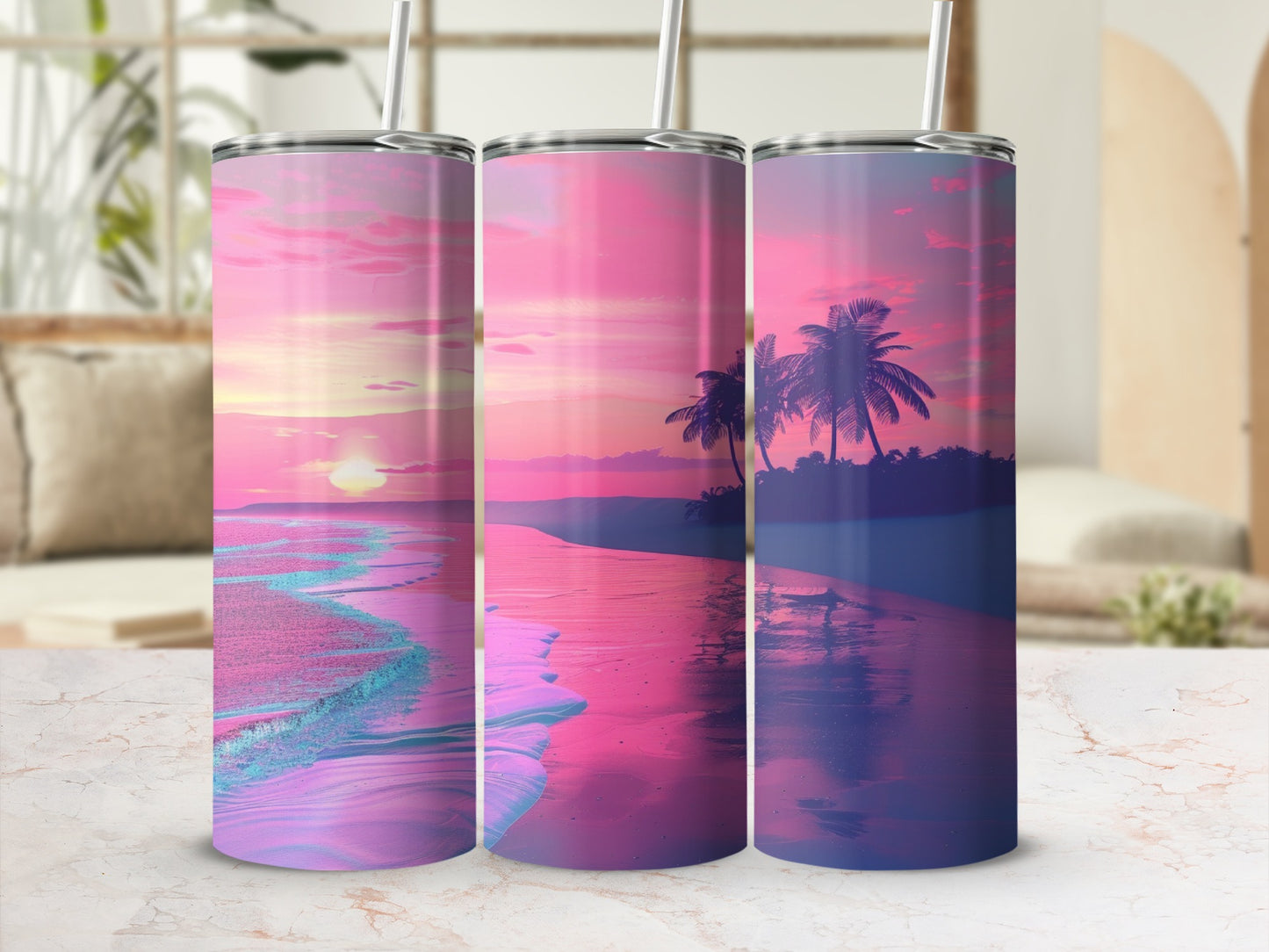 Three tumblers with a pink and purple tropical sunset beach scene.