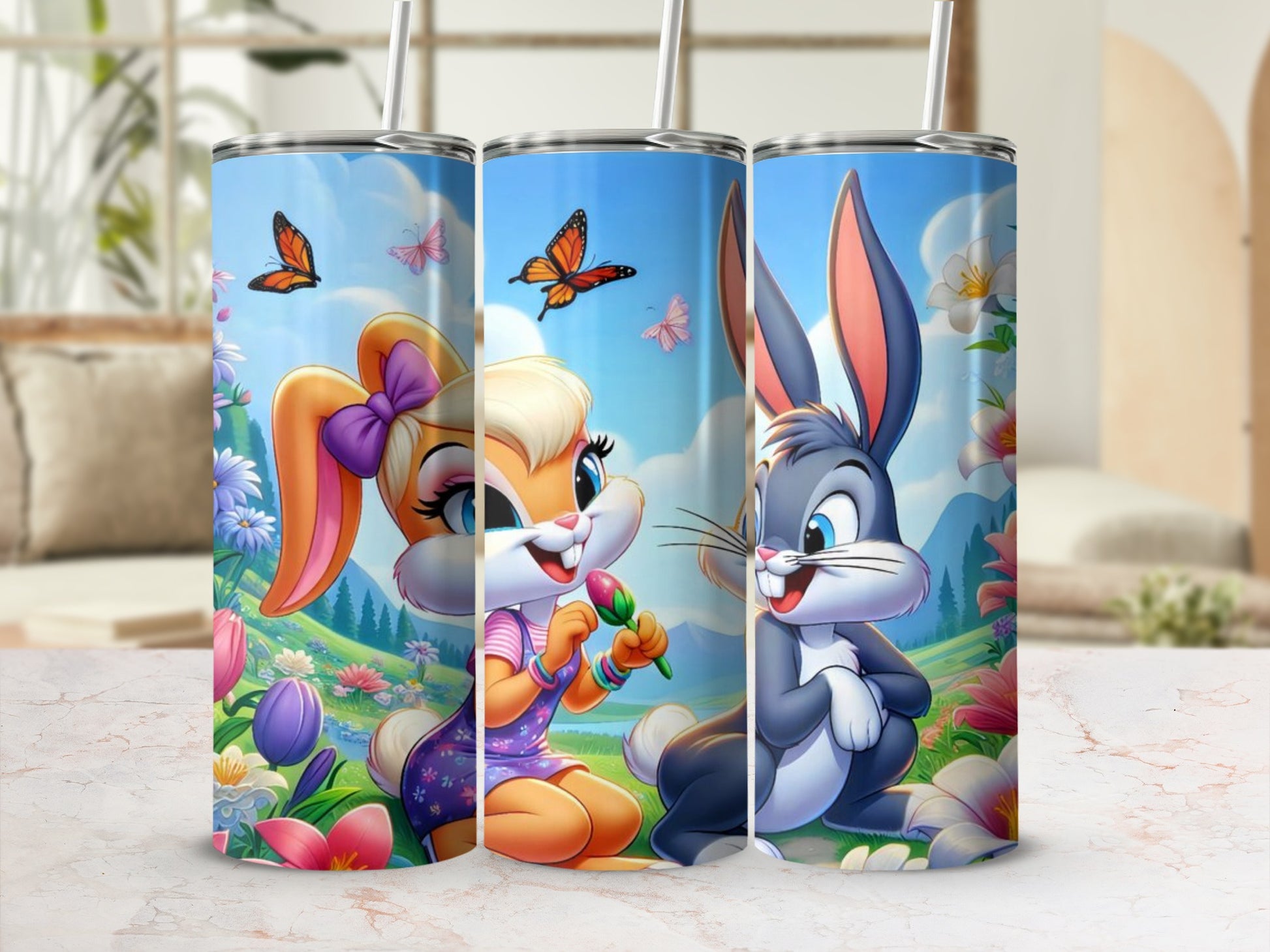 Adorable Cartoon Bunny and Butterfly Design Tumbler