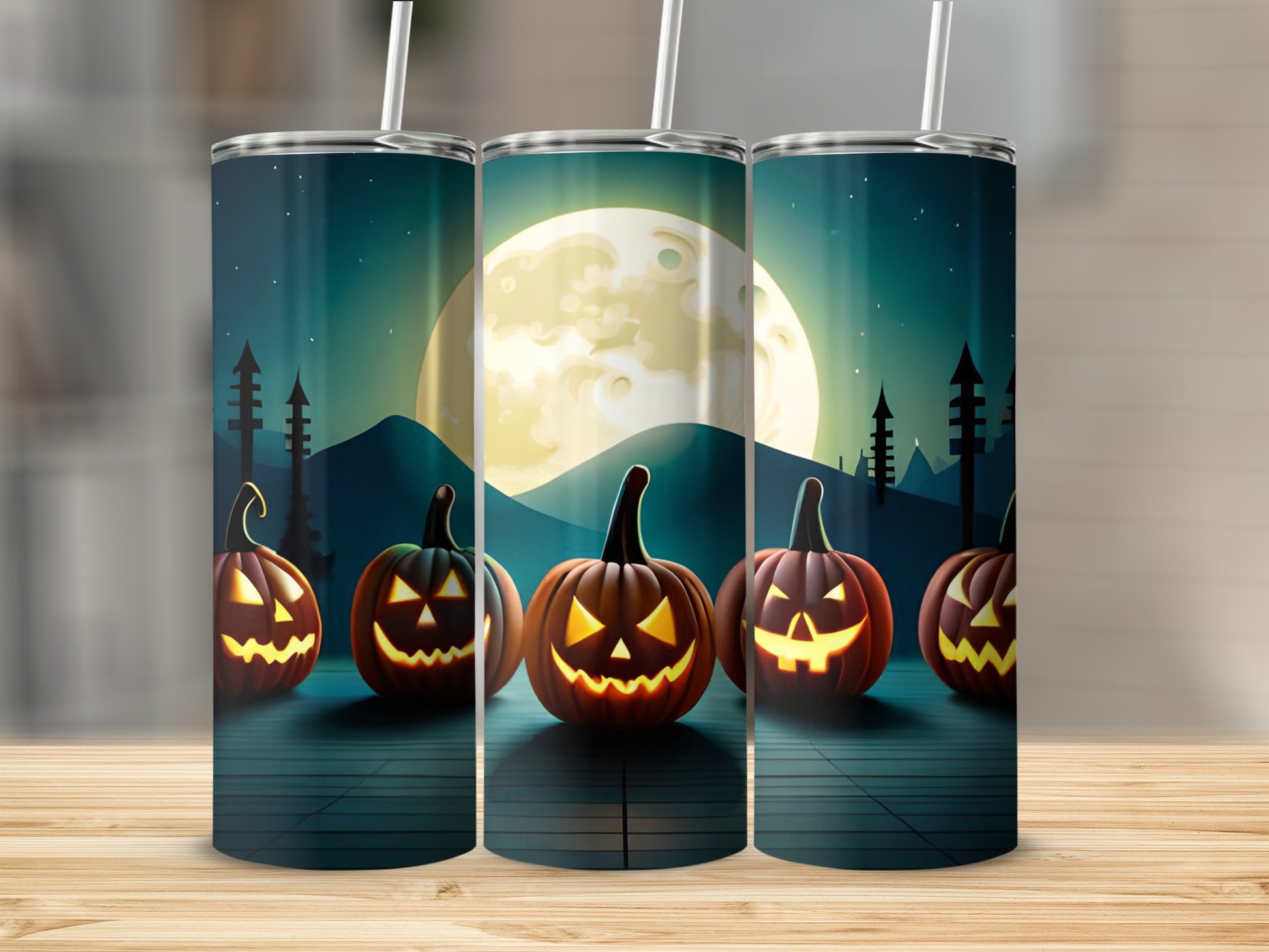 Five illuminated jack-o'-lanterns with a Halloween scene on tumblers.
