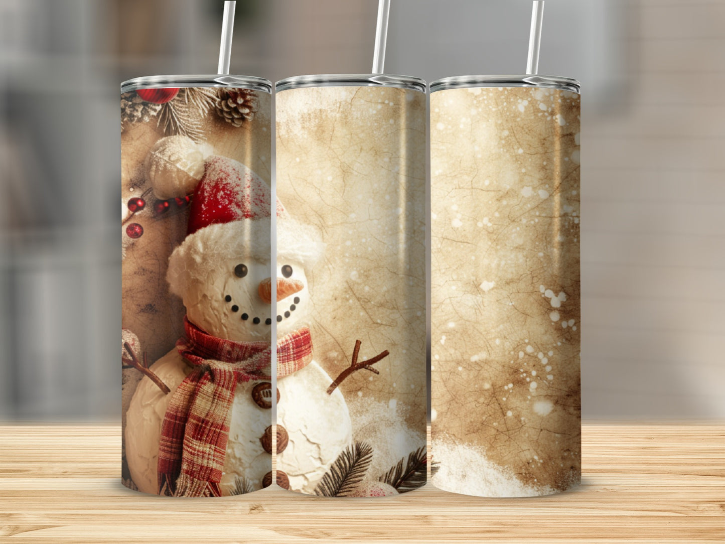 Snowman illustration with red scarf and hat on textured background.