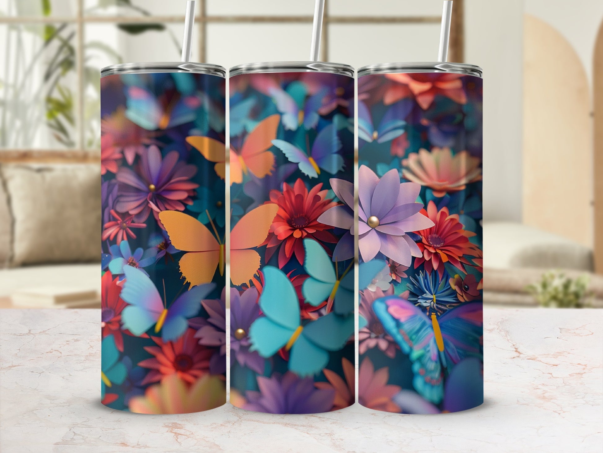 Three tumblers with colorful butterfly and floral designs.