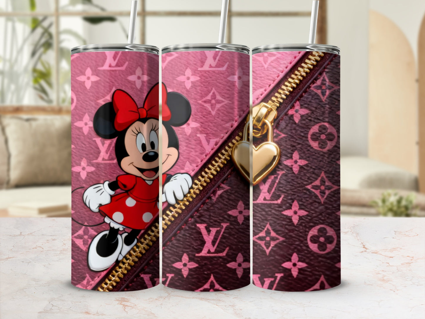 Minnie Mouse on pink monogram tumbler with gold zipper and heart lock.