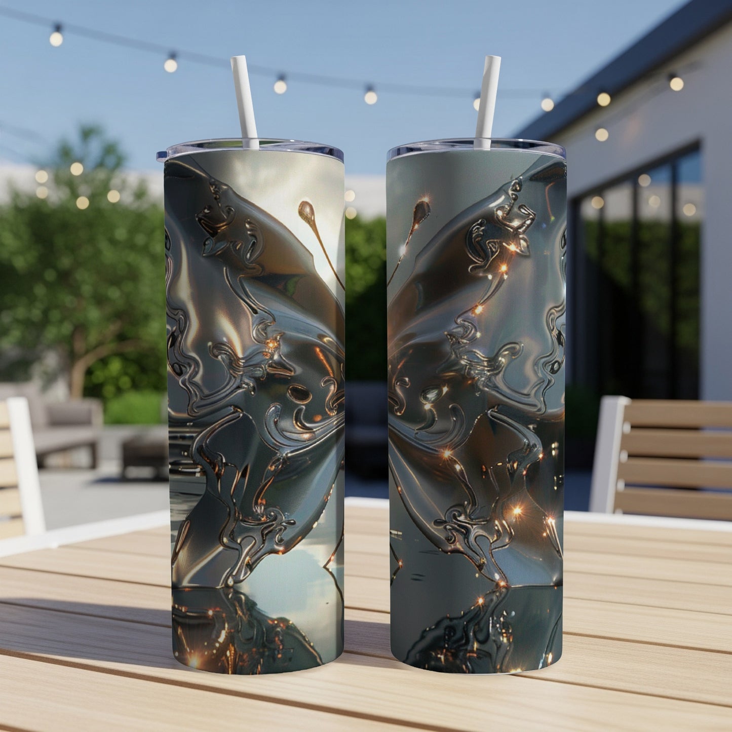 Two silver tumblers with a metallic butterfly design, outdoors.