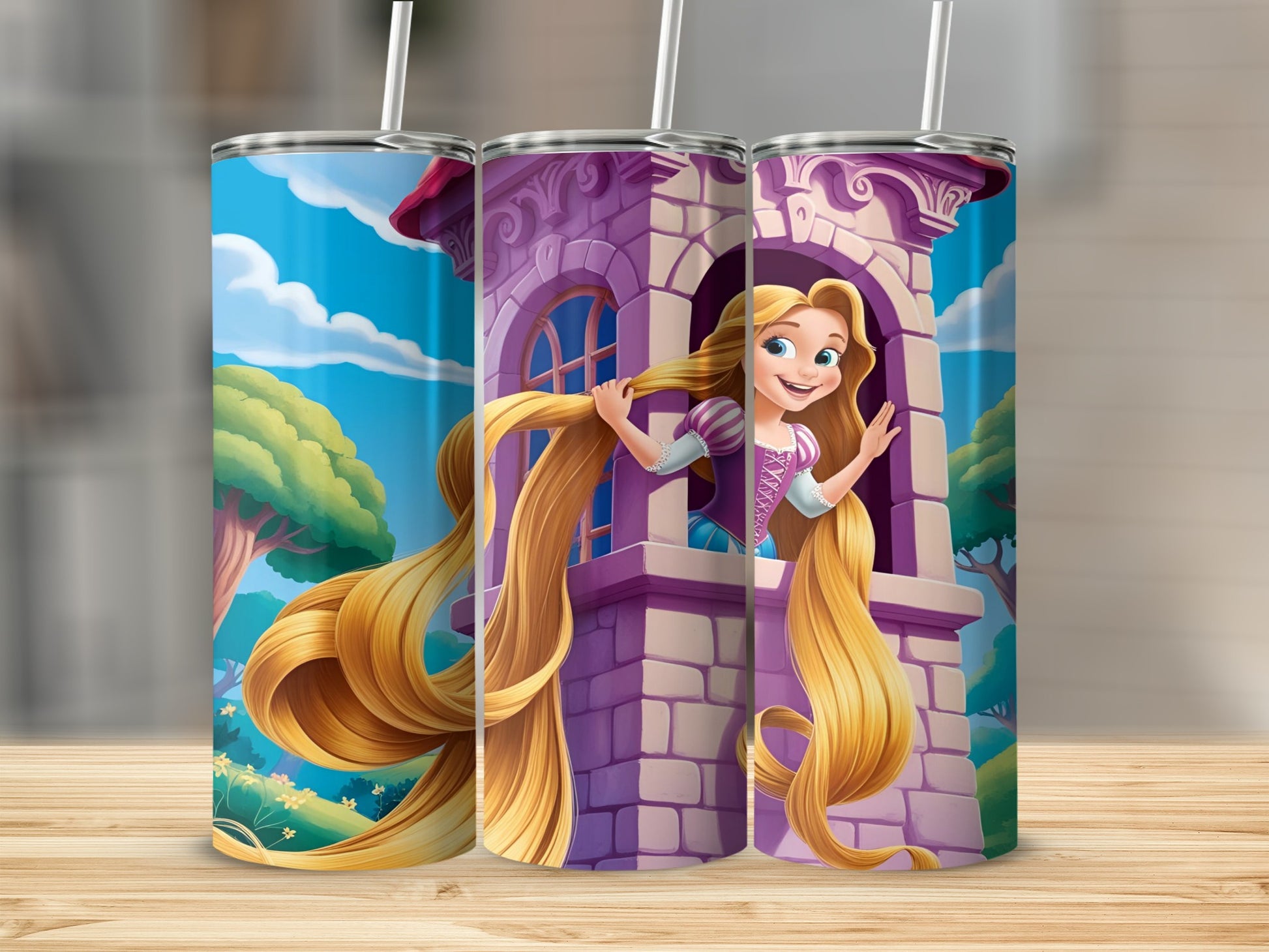 Rapunzel with long blonde hair waves from a castle tower window.