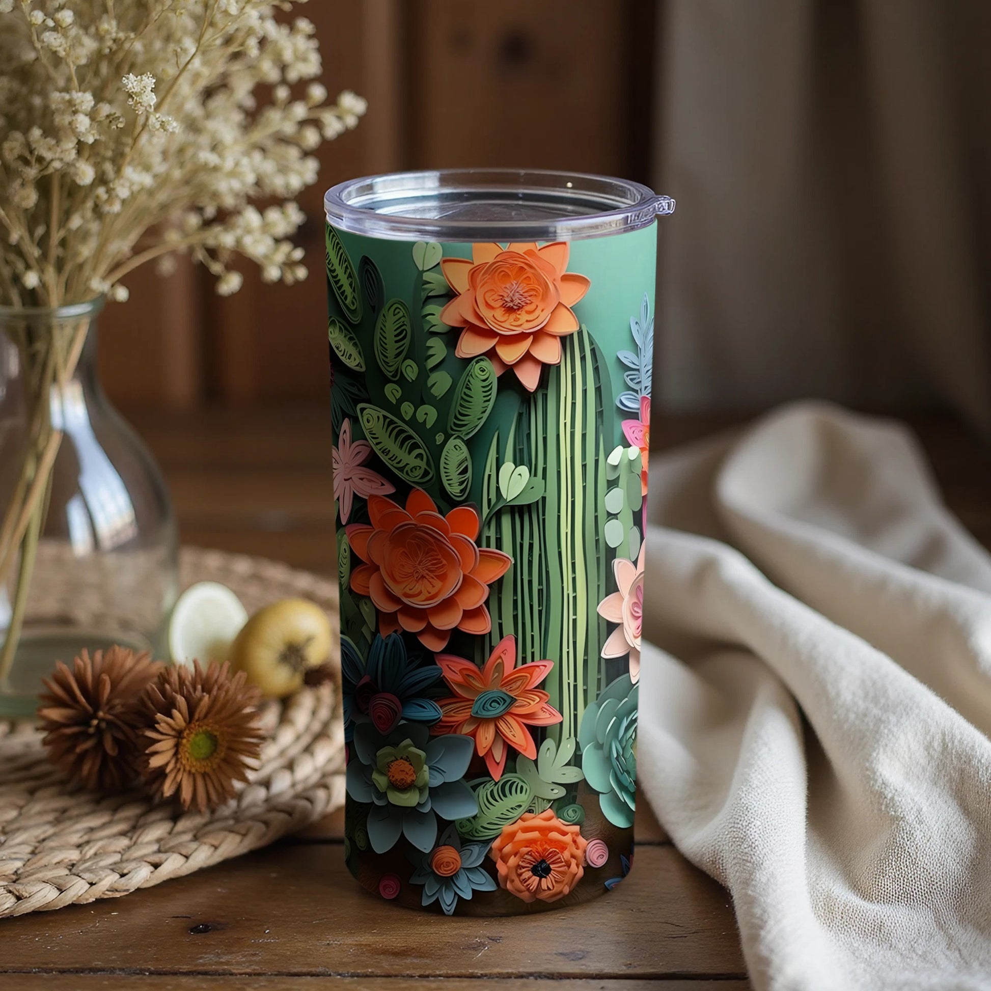 Colorful Floral Patterned Tumbler with Lid for Beverages