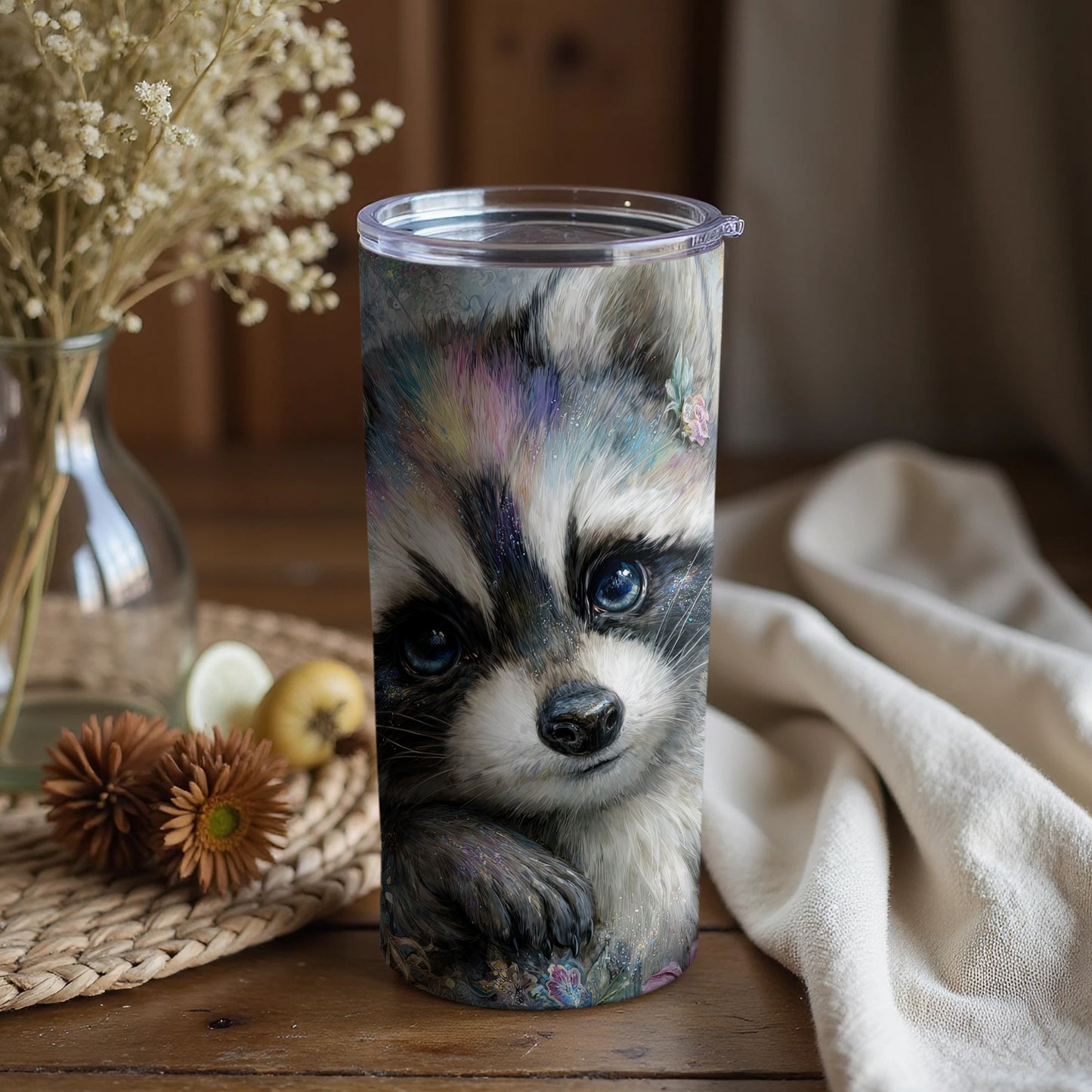 Adorable Raccoon Design Insulated Tumbler Cup