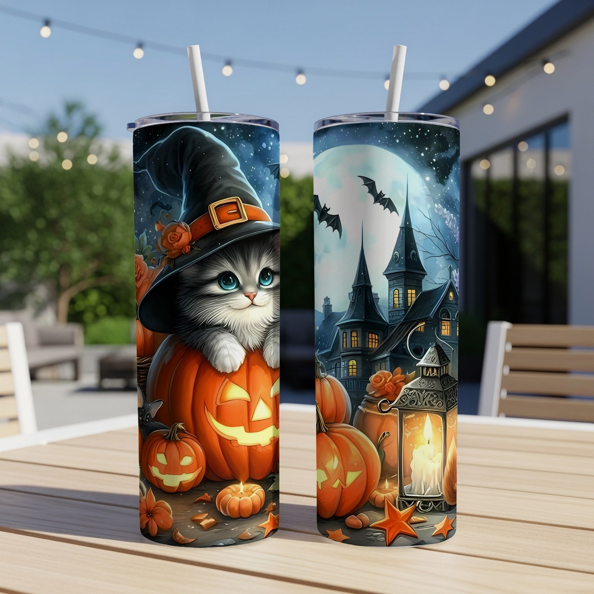 Two tumblers with Halloween designs featuring a witch cat and a haunted house under a full moon.