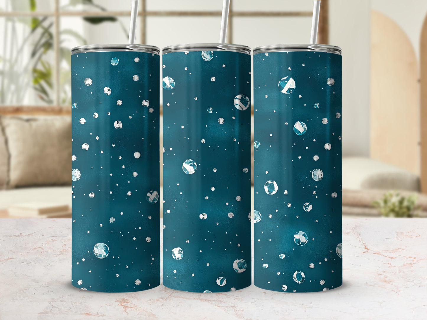 Deep Teal Scattered Gemstones and White Dots Tumblers