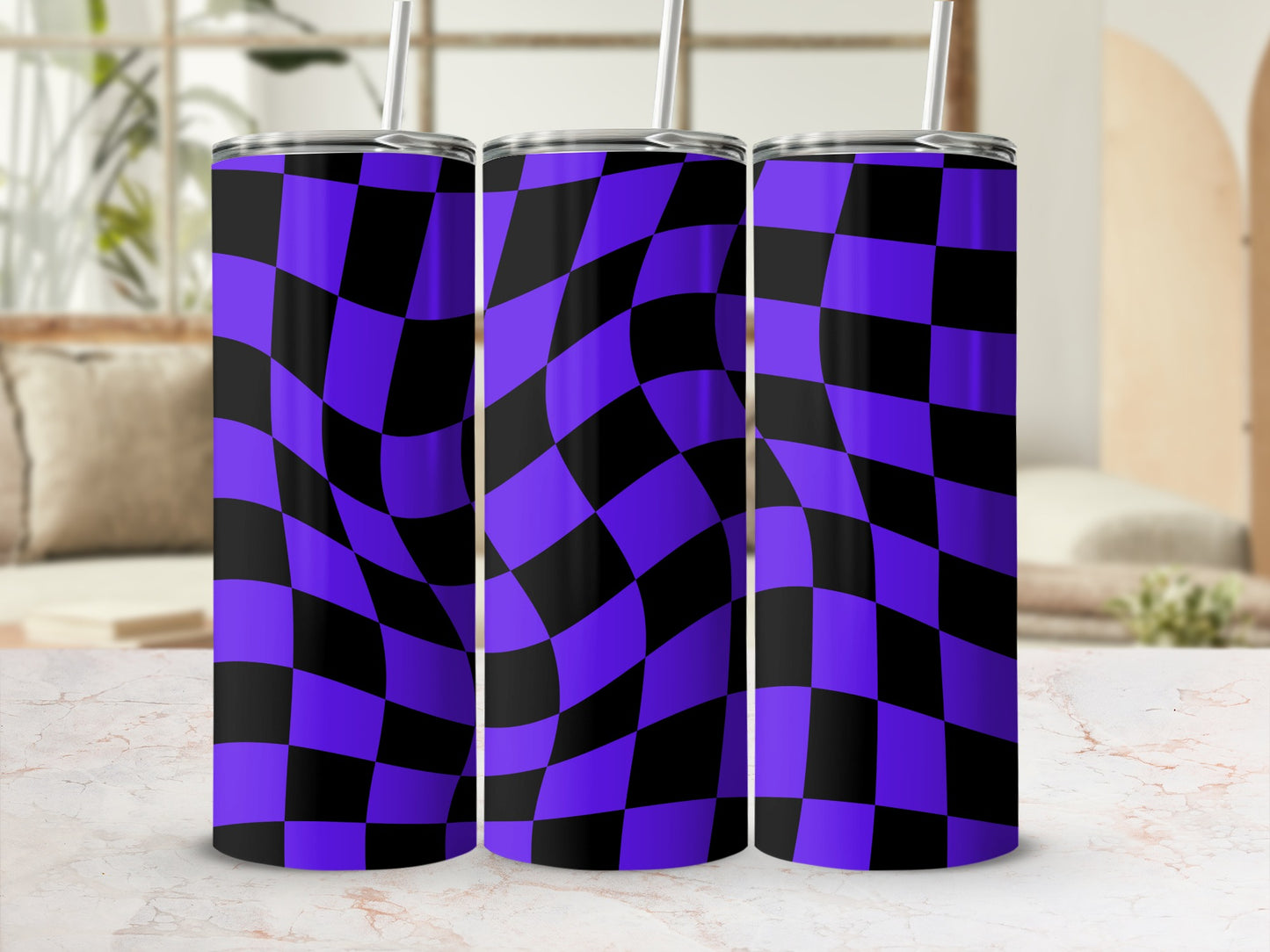 Three tumblers with a warped purple and black checkerboard pattern.