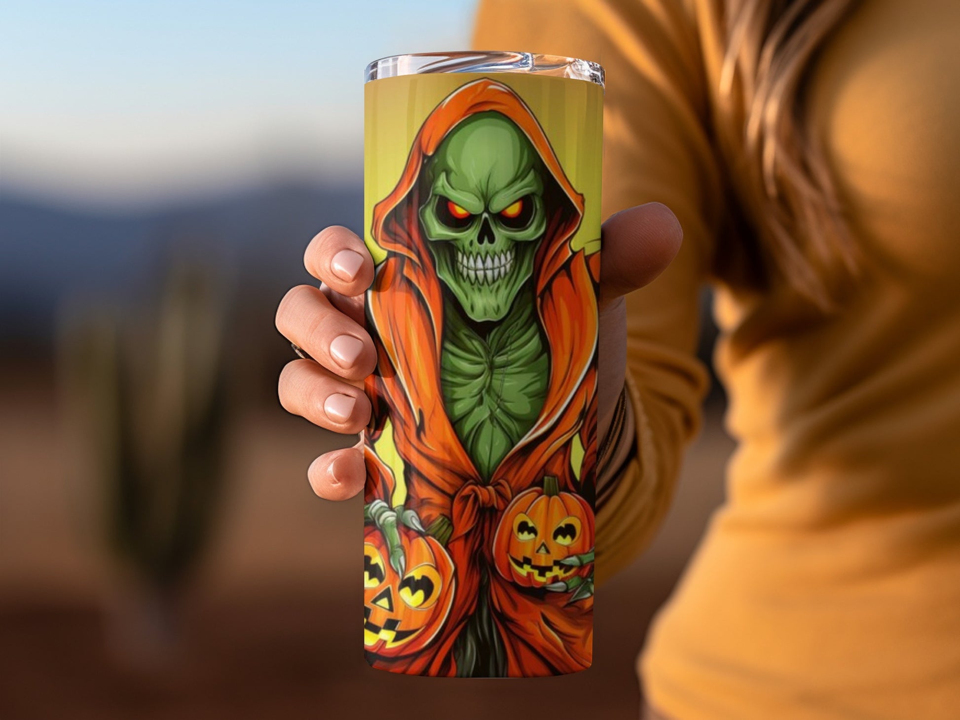 Spooky Green Skeleton with Pumpkins Tumbler Design