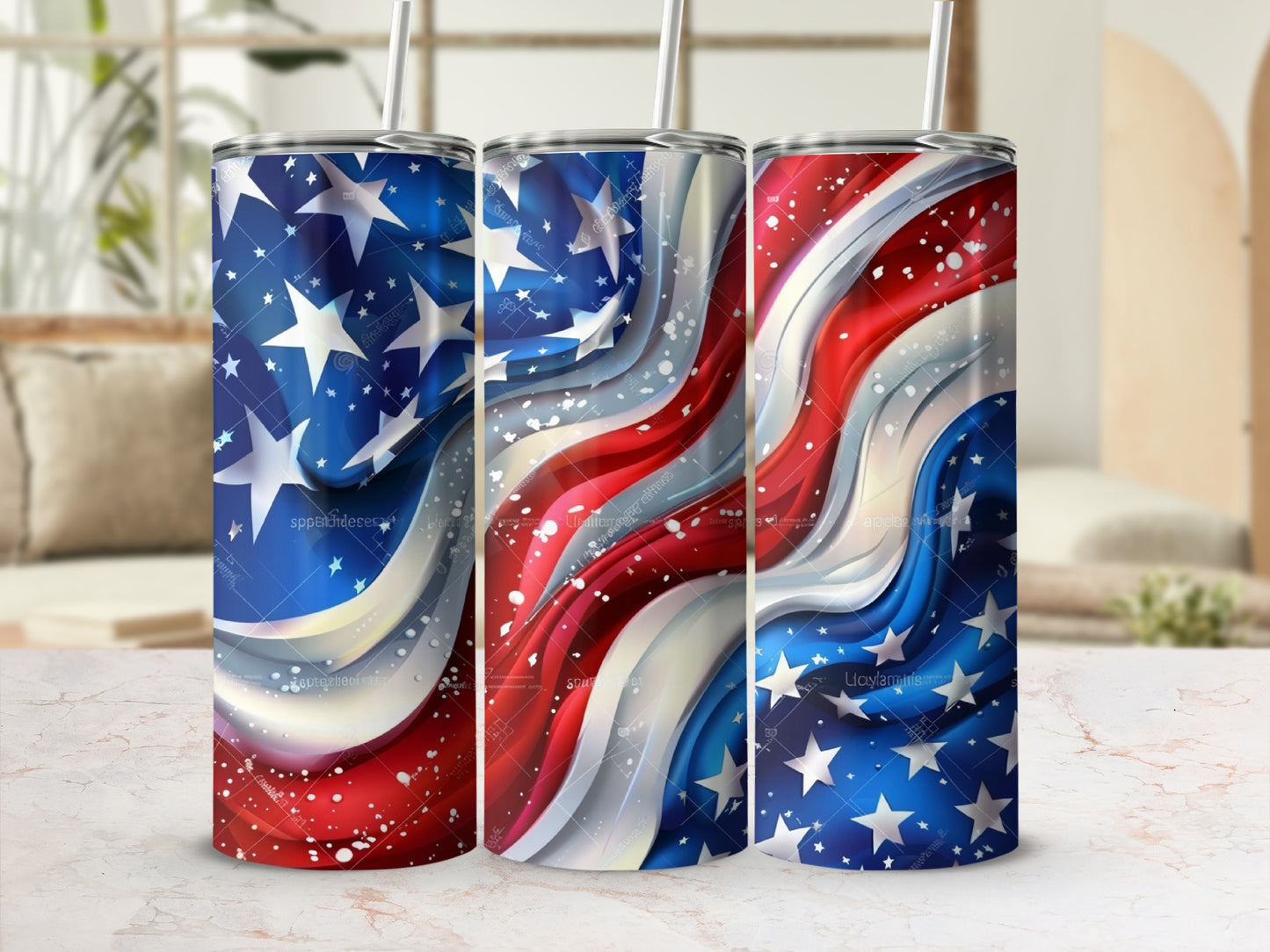 Three tumblers with red, white, and blue star and stripe patriotic designs.
