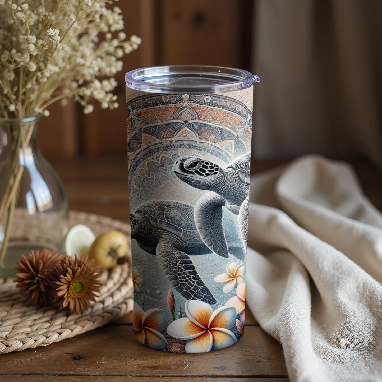 Sea Turtle and Tropical Flowers Tumbler Cup