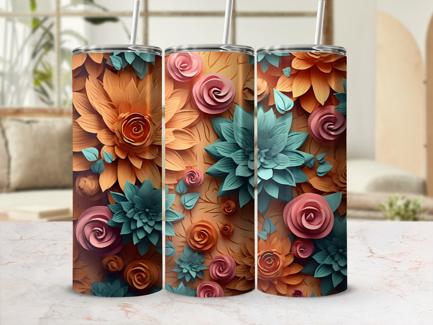 Floral Design Insulated Tumbler for Hot and Cold Beverages