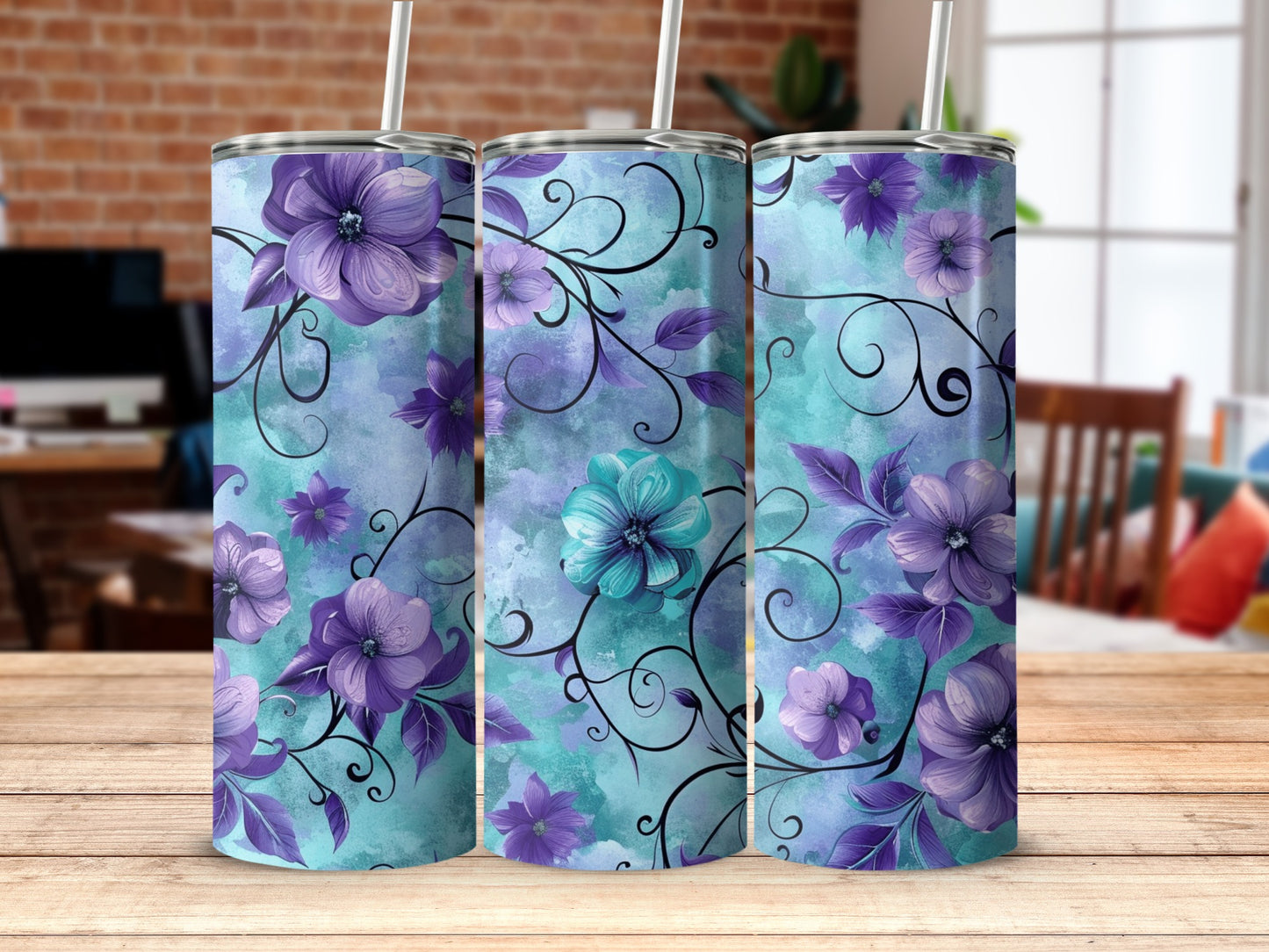 Elegant Purple and Blue Floral Design Tumbler
