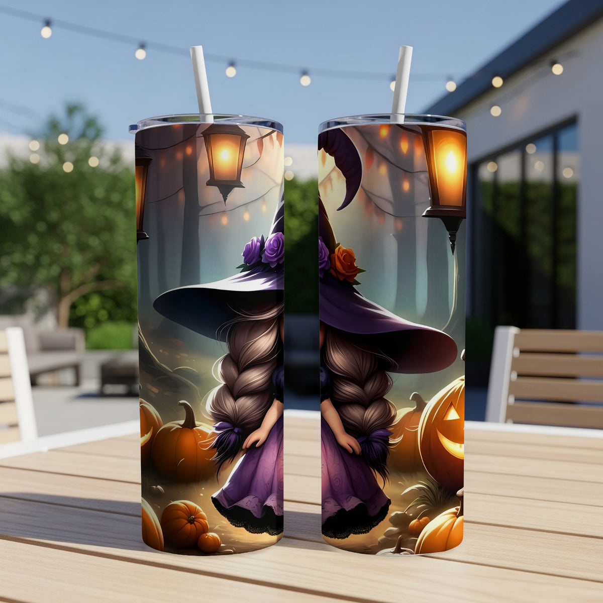 Two Halloween tumblers featuring a witch with braided hair and pumpkins.