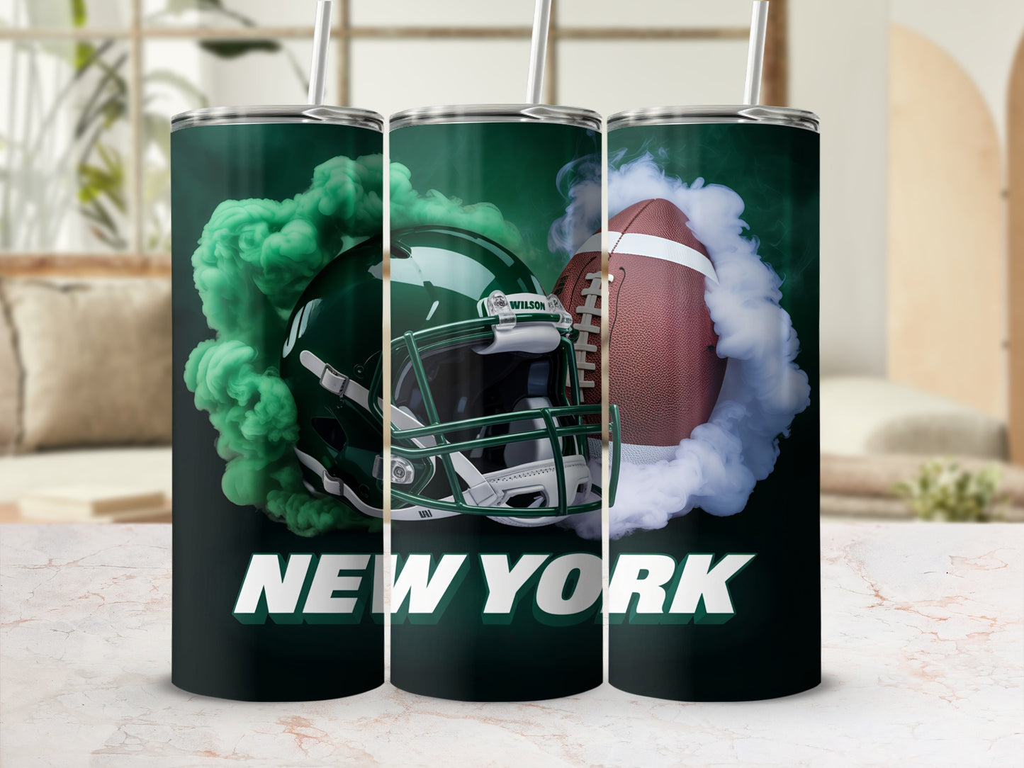 Green and white football helmet and football with New York text.