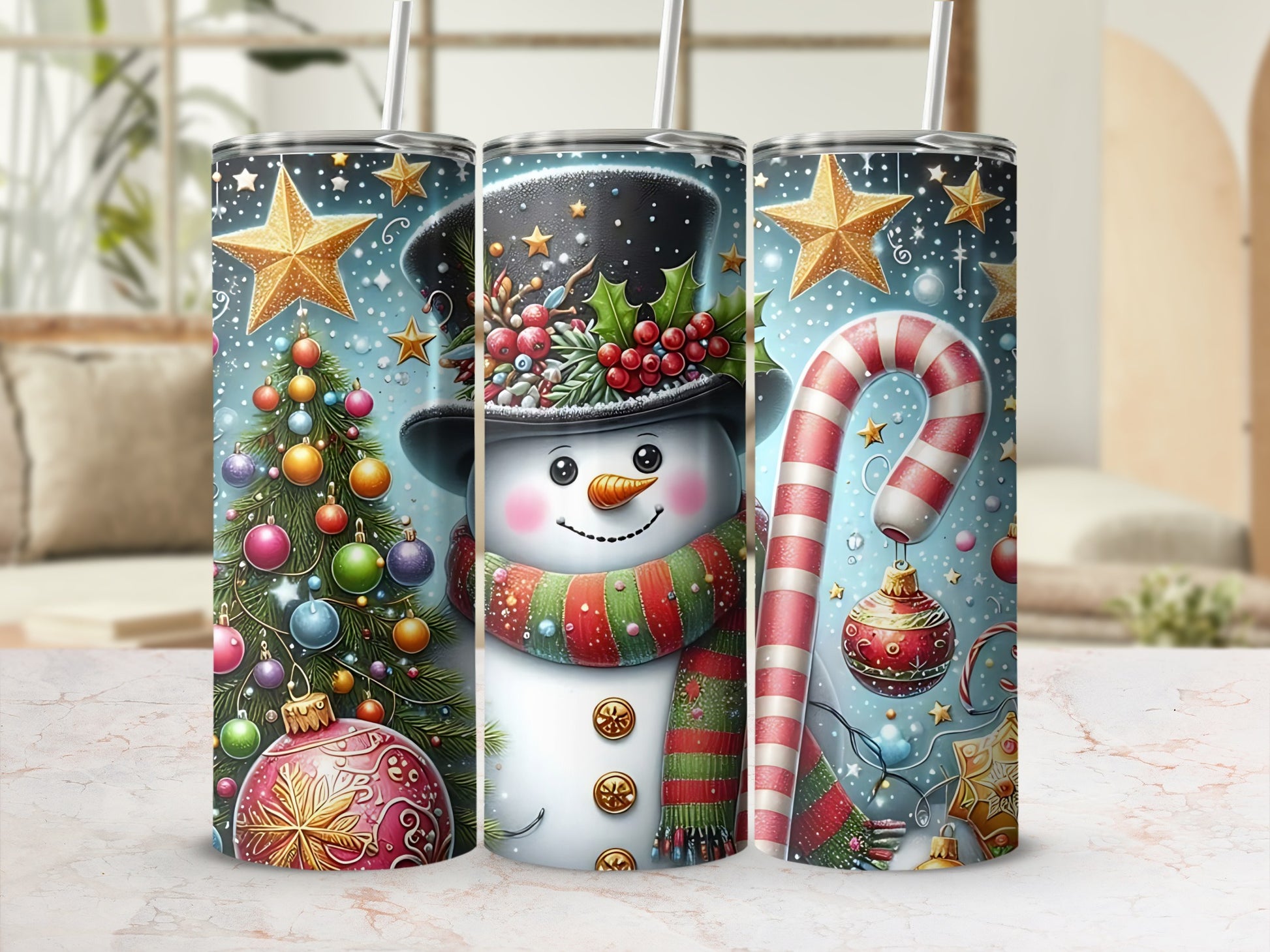 Festive Christmas Snowman and Tree Design Tumbler