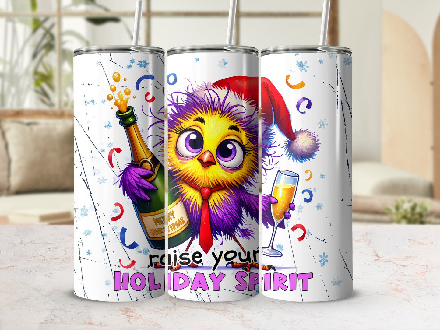 Festive purple bird in Santa hat holding champagne and glass, "RAISE YOUR HOLIDAY SPIRIT" text.