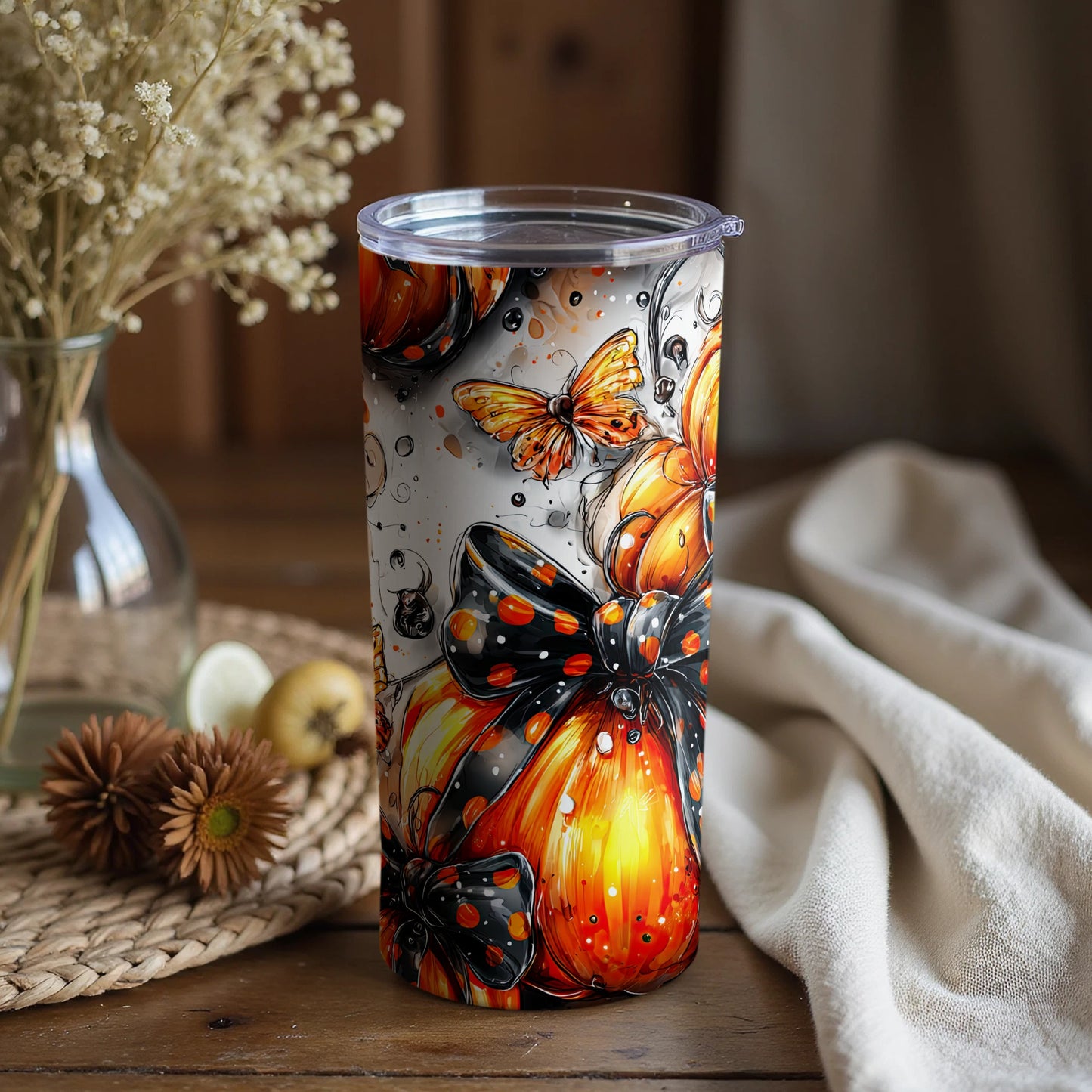 Festive Butterfly and Pumpkin Art Insulated Tumbler