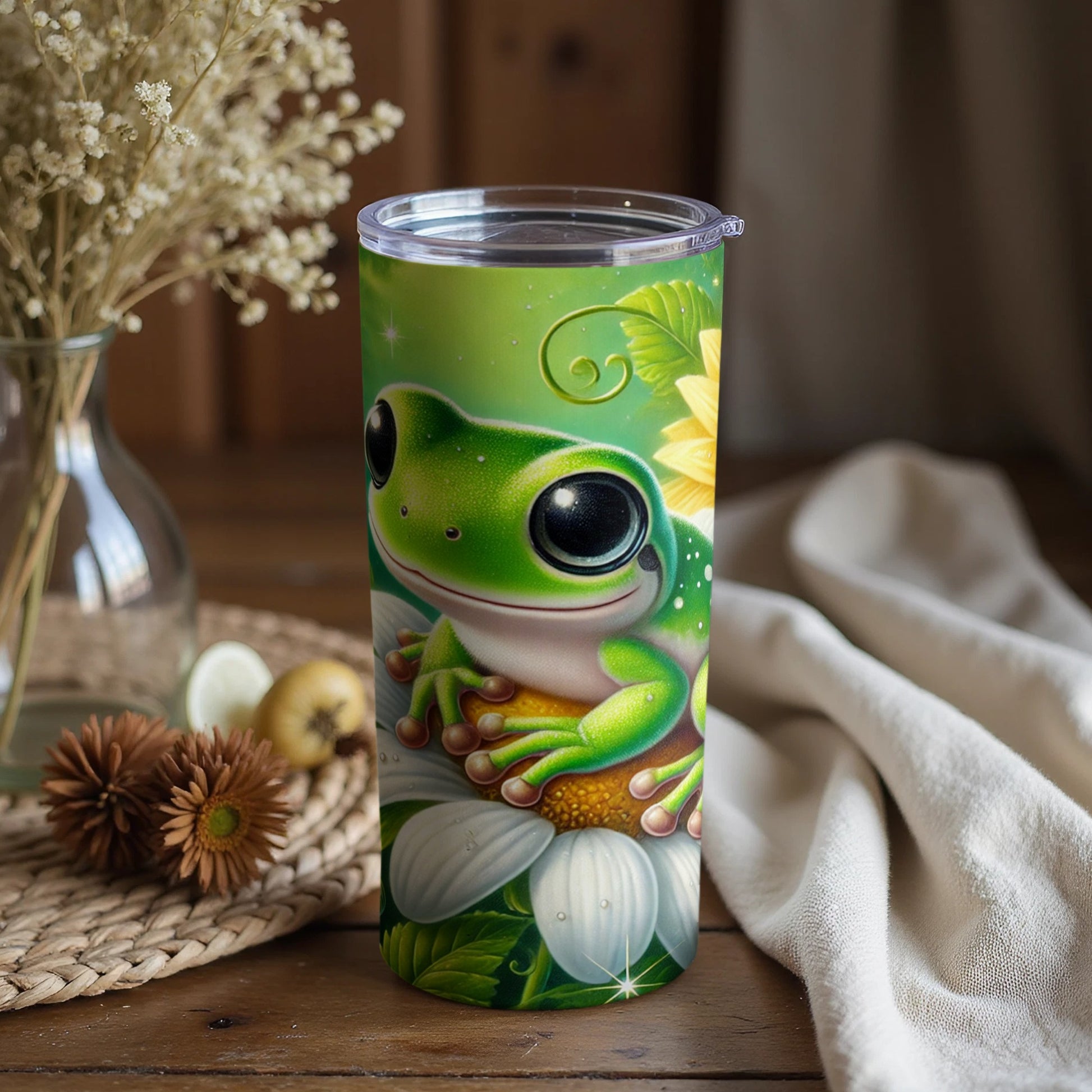 Cute Green Frog Tumbler with Spring Floral Design