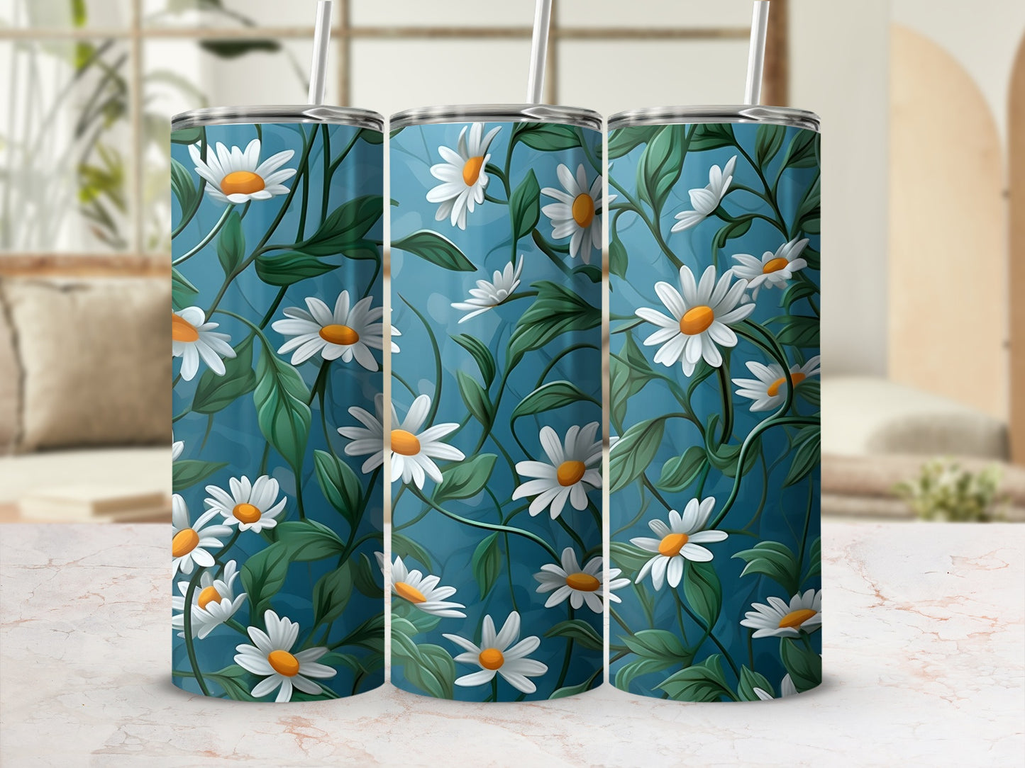 White daisies green leaves teal blue background product type