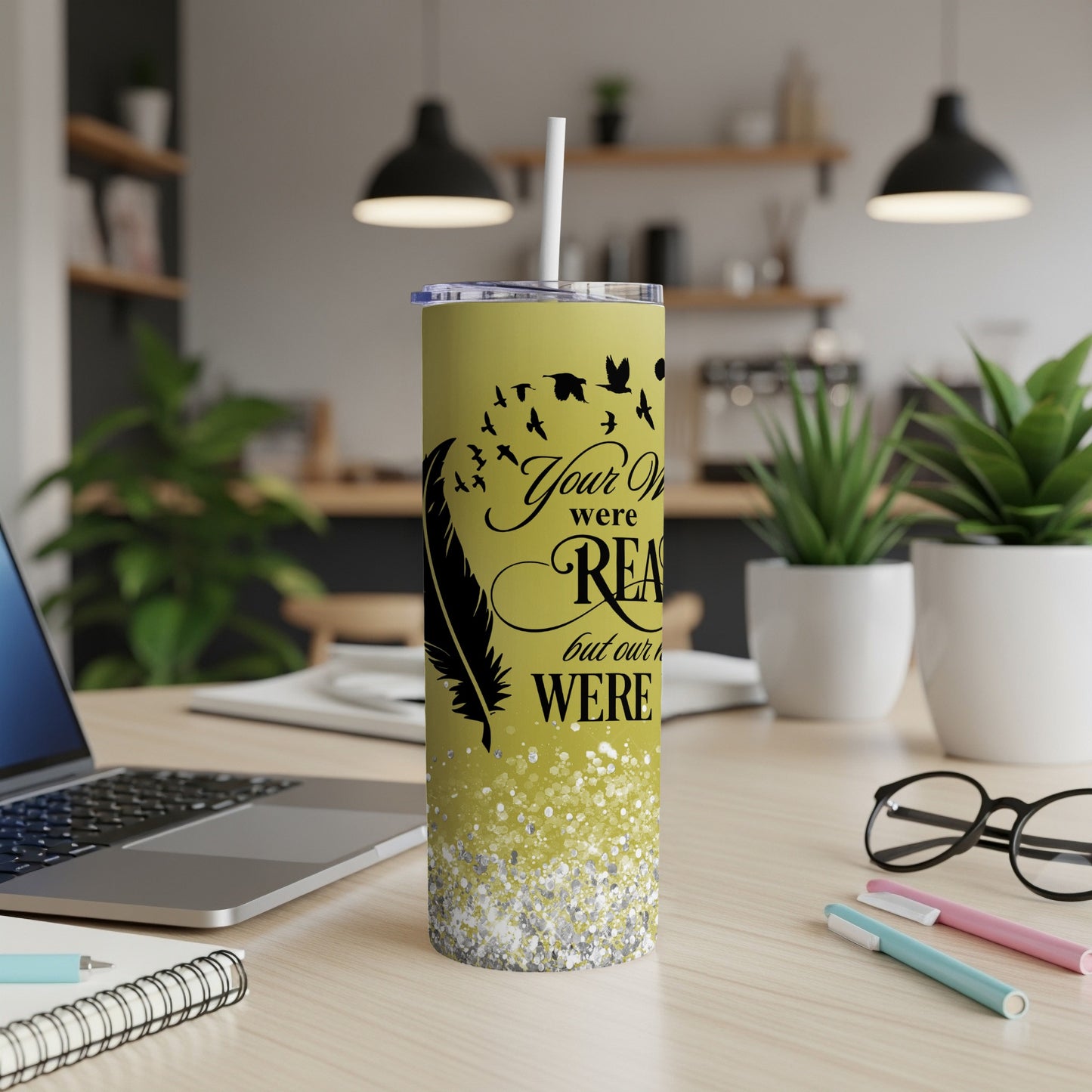 Yellow tumbler with feather and bird design, "Your wings were ready but our hearts were not."