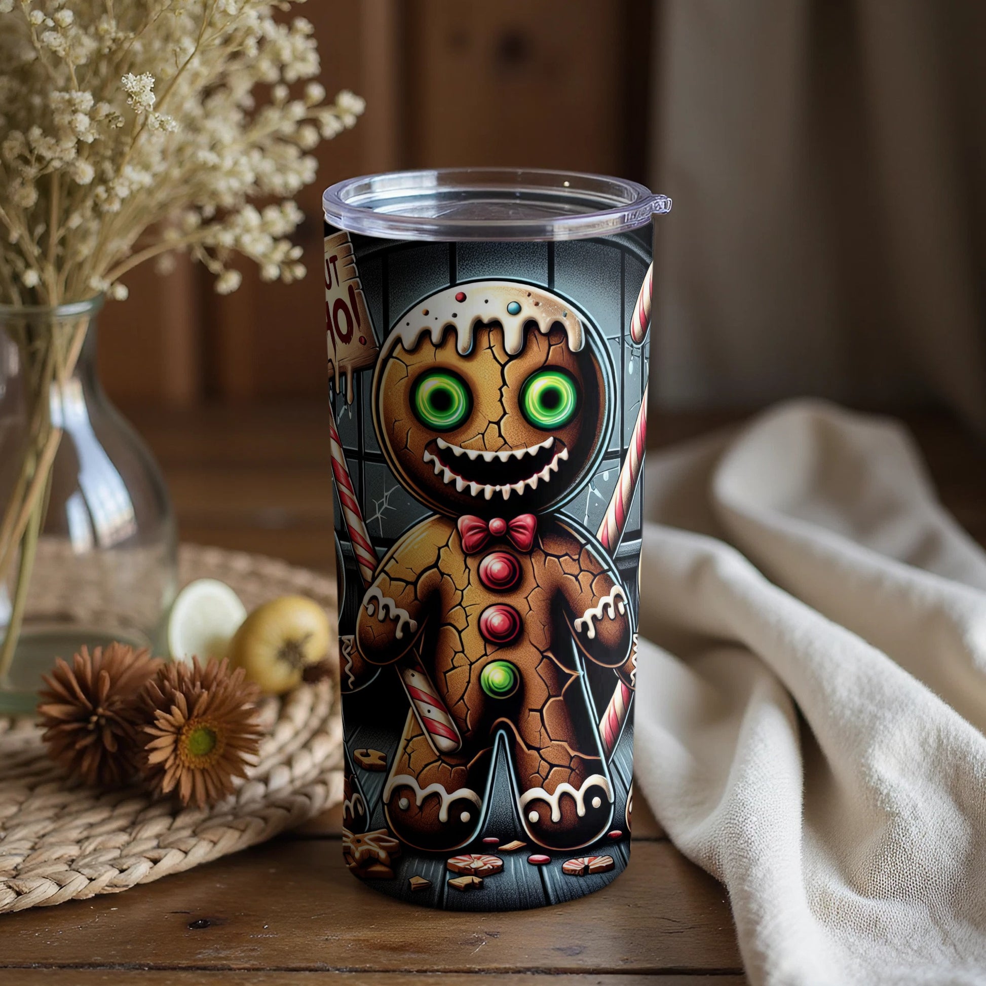 Creepy Gingerbread Man Design Tumbler for Halloween Fun
