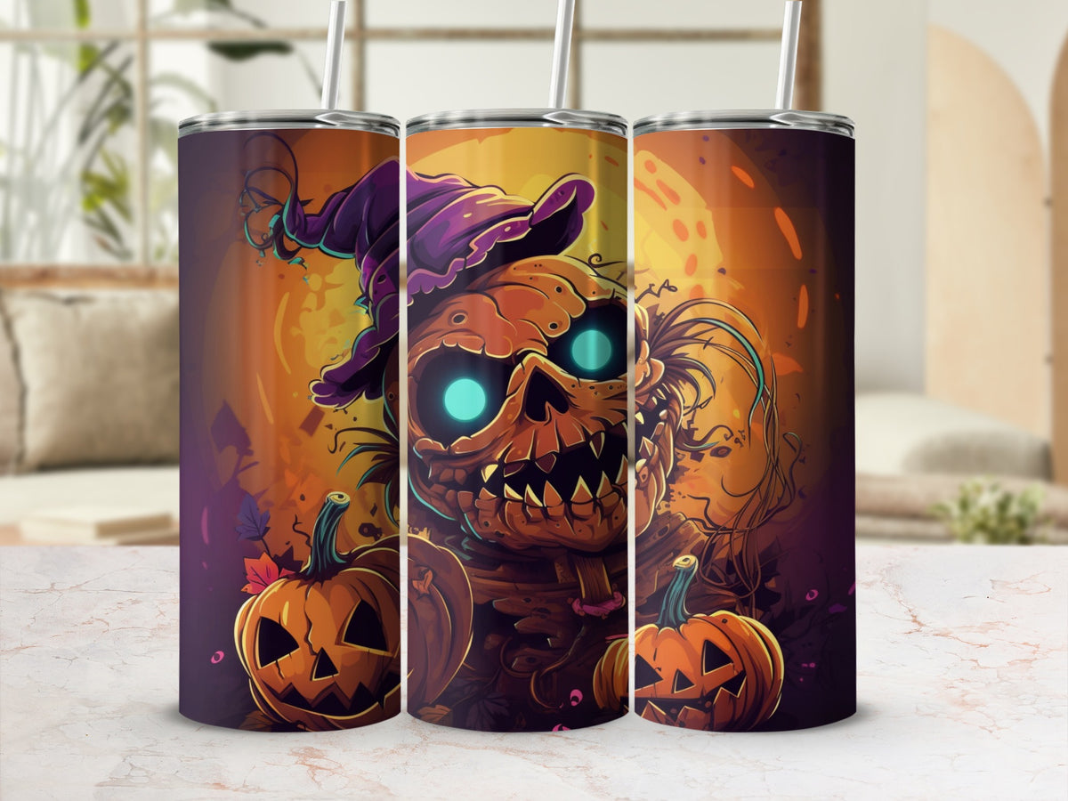 Three tumblers featuring a spooky jack-o-lantern scarecrow with glowing eyes.