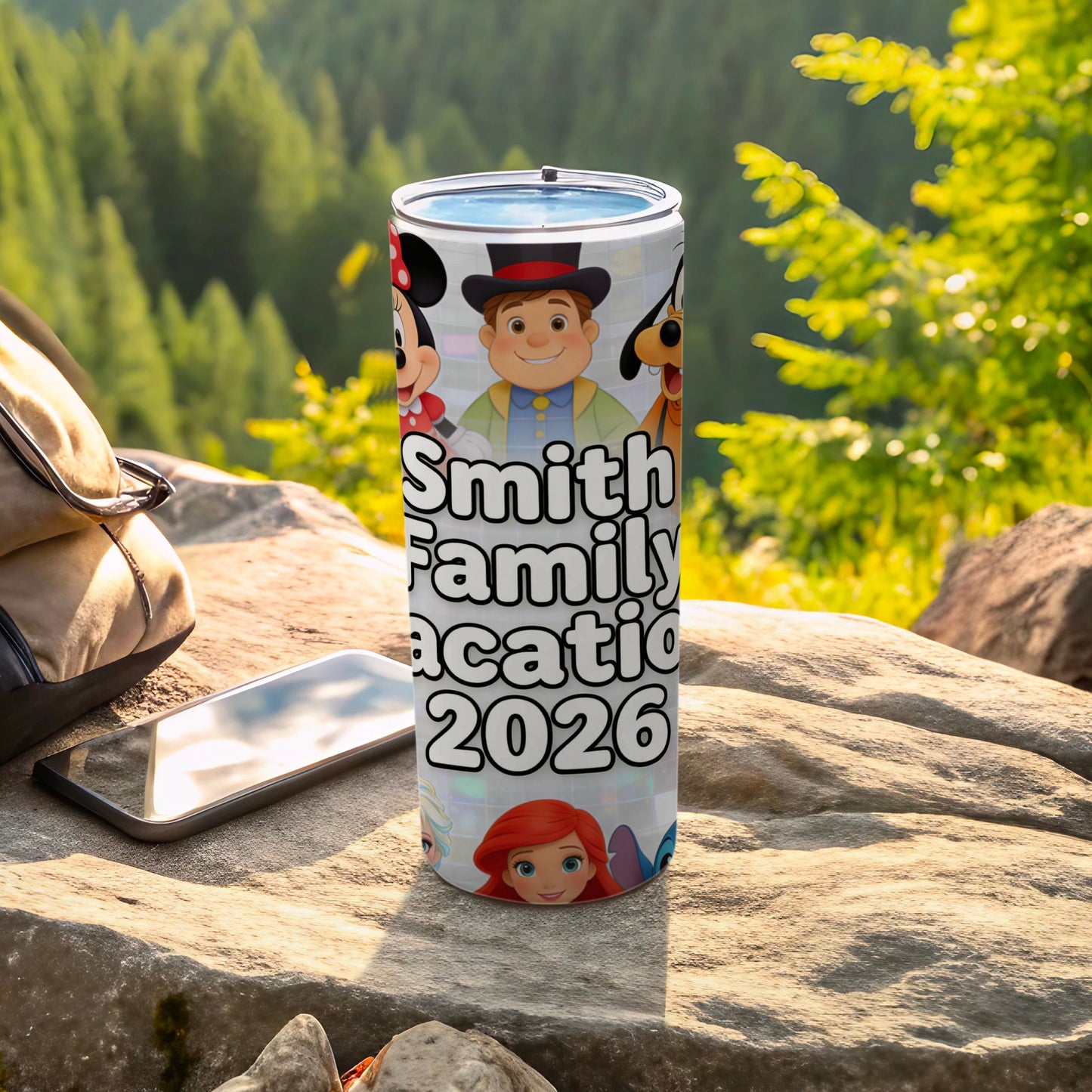 Disney characters on a tumbler reading "Smith Family Vacation 2026".
