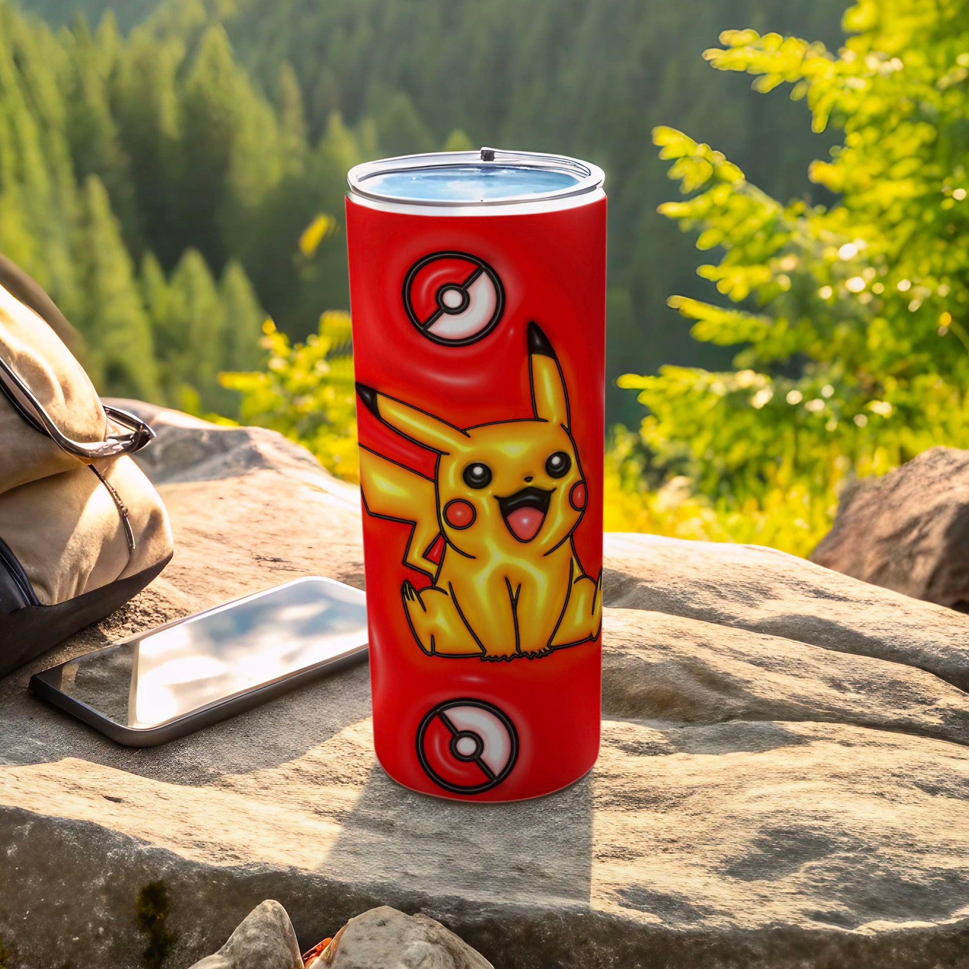 Pikachu and Poké Balls Red Tumbler Travel Mug