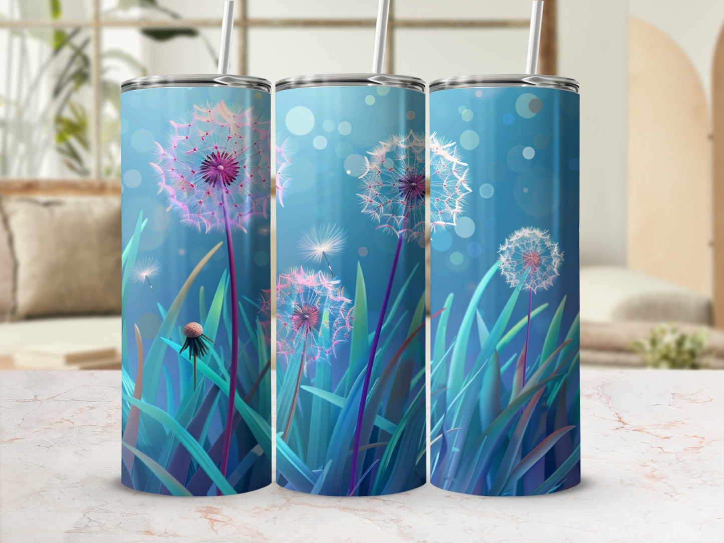 Three tumblers with dandelions and bokeh effect on a marble surface.